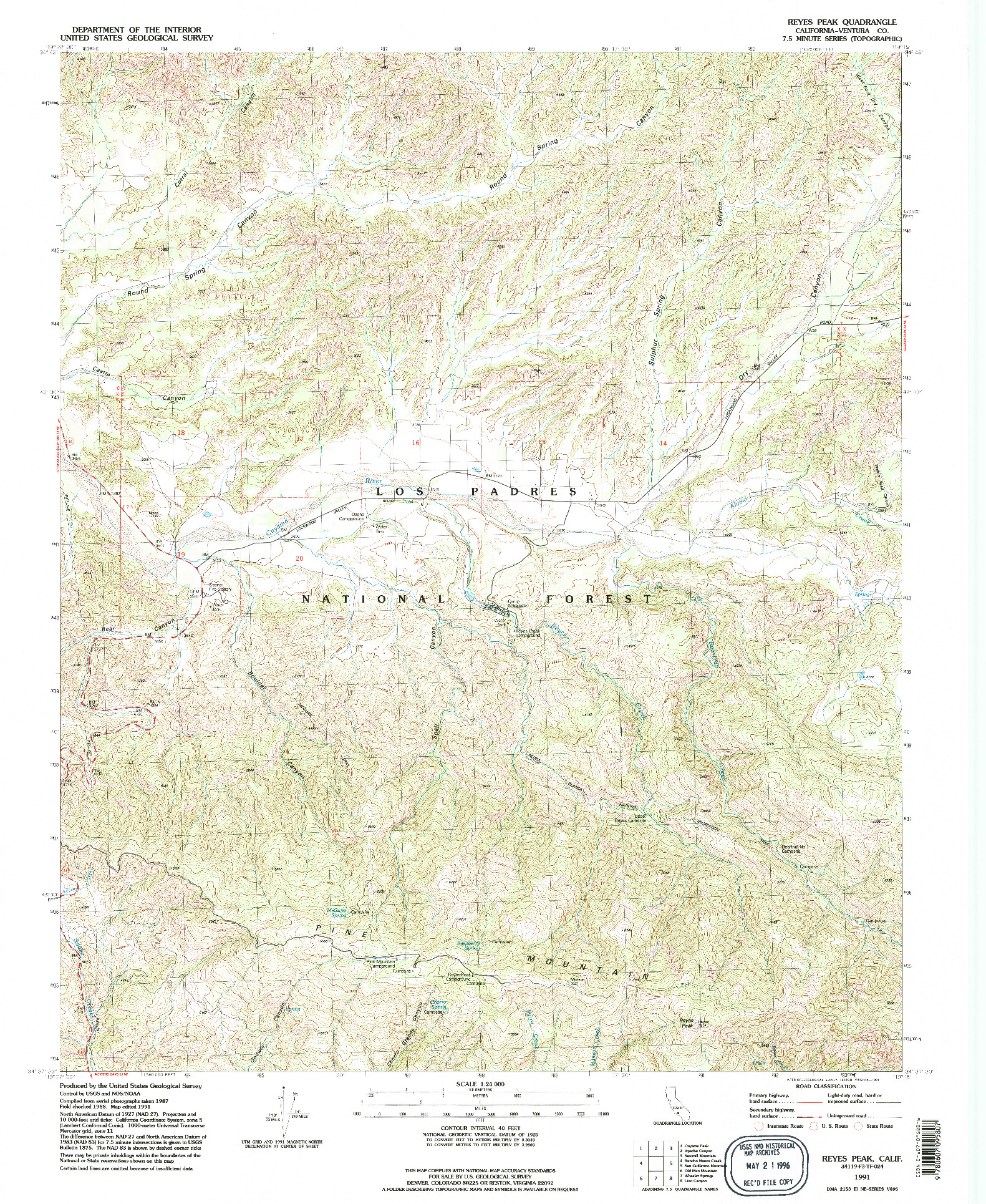 USGS 1:24000-SCALE QUADRANGLE FOR REYES PEAK, CA 1991