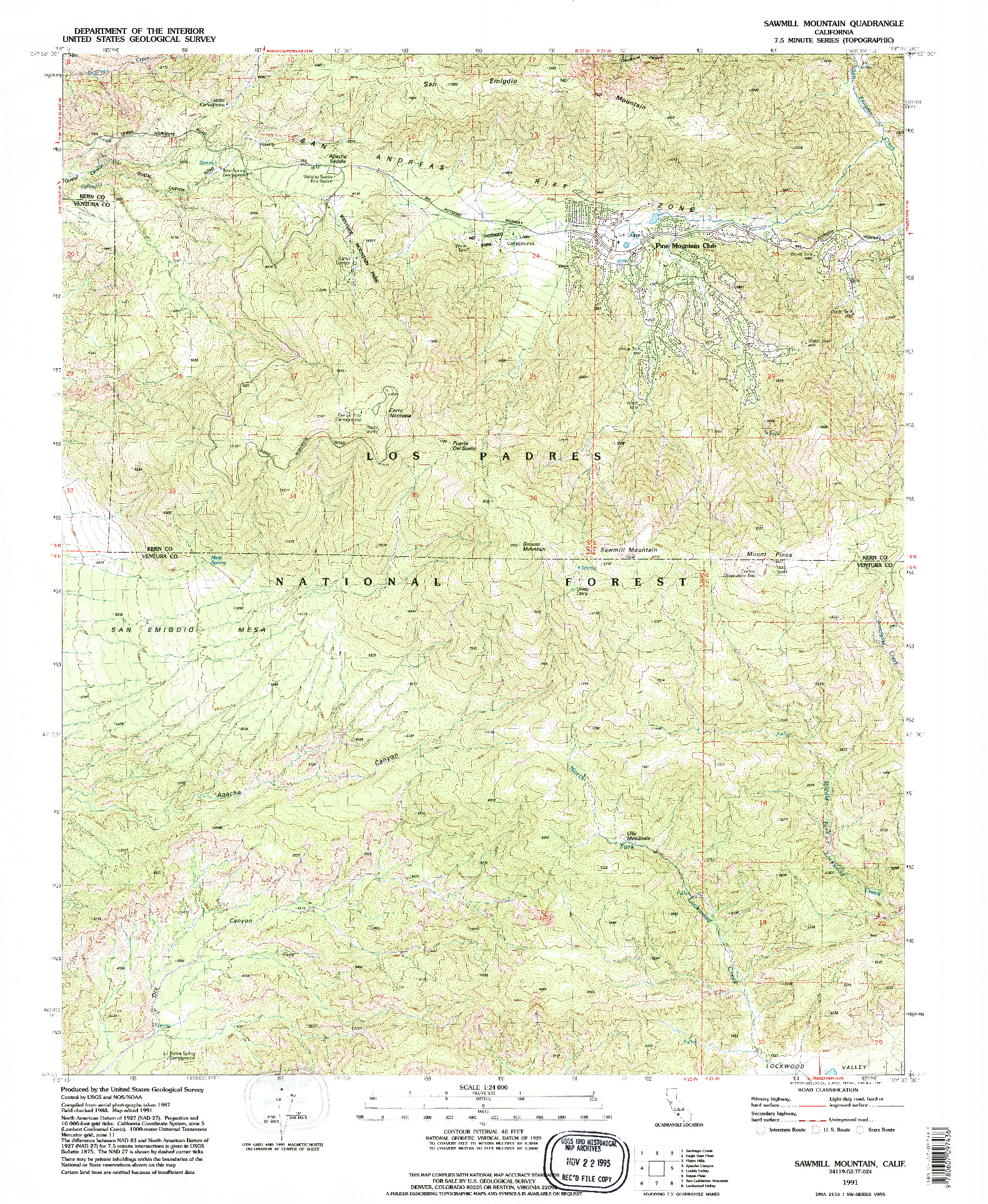 USGS 1:24000-SCALE QUADRANGLE FOR SAWMILL MOUNTAIN, CA 1991