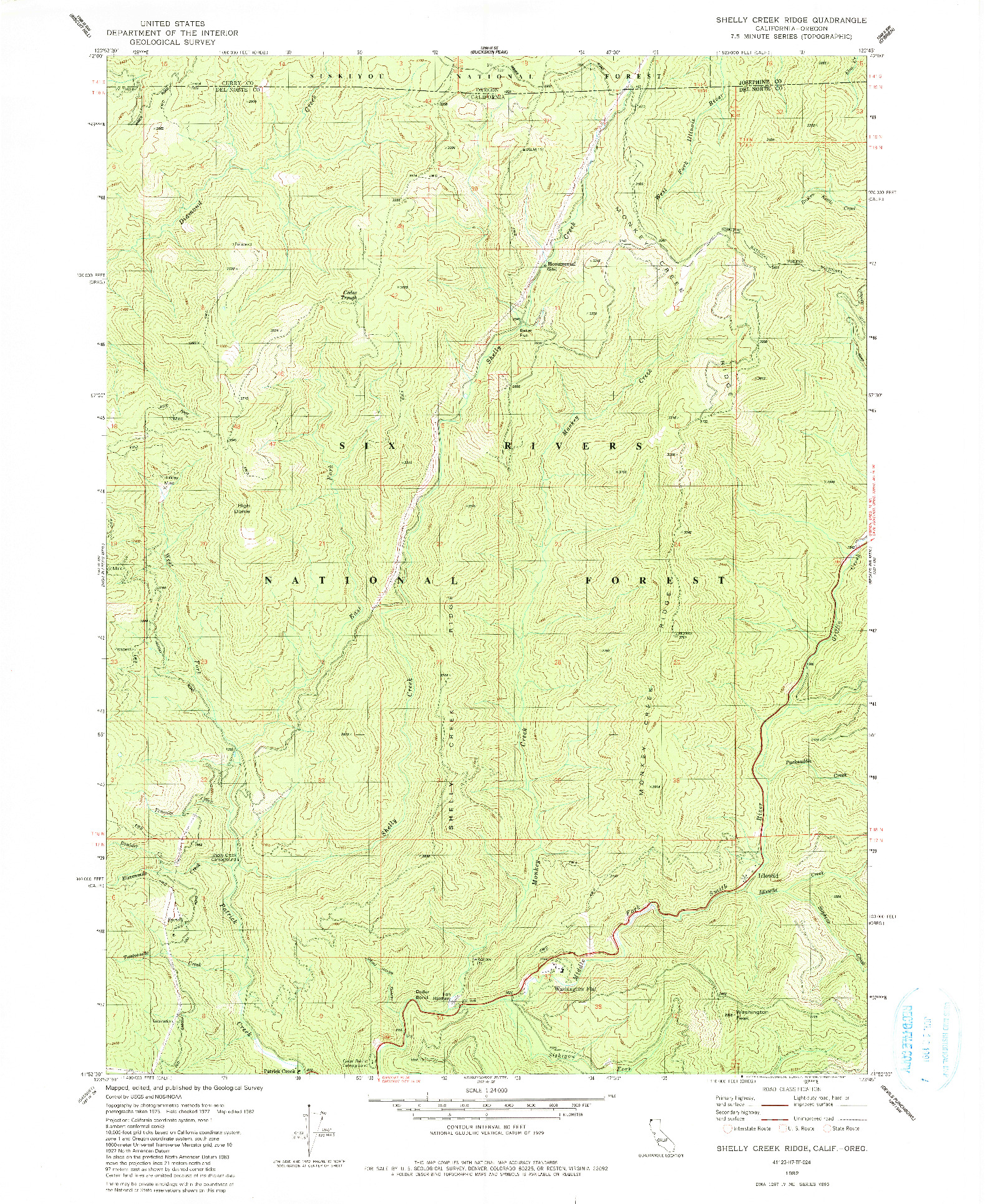 USGS 1:24000-SCALE QUADRANGLE FOR SHELLY CREEK RIDGE, CA 1982