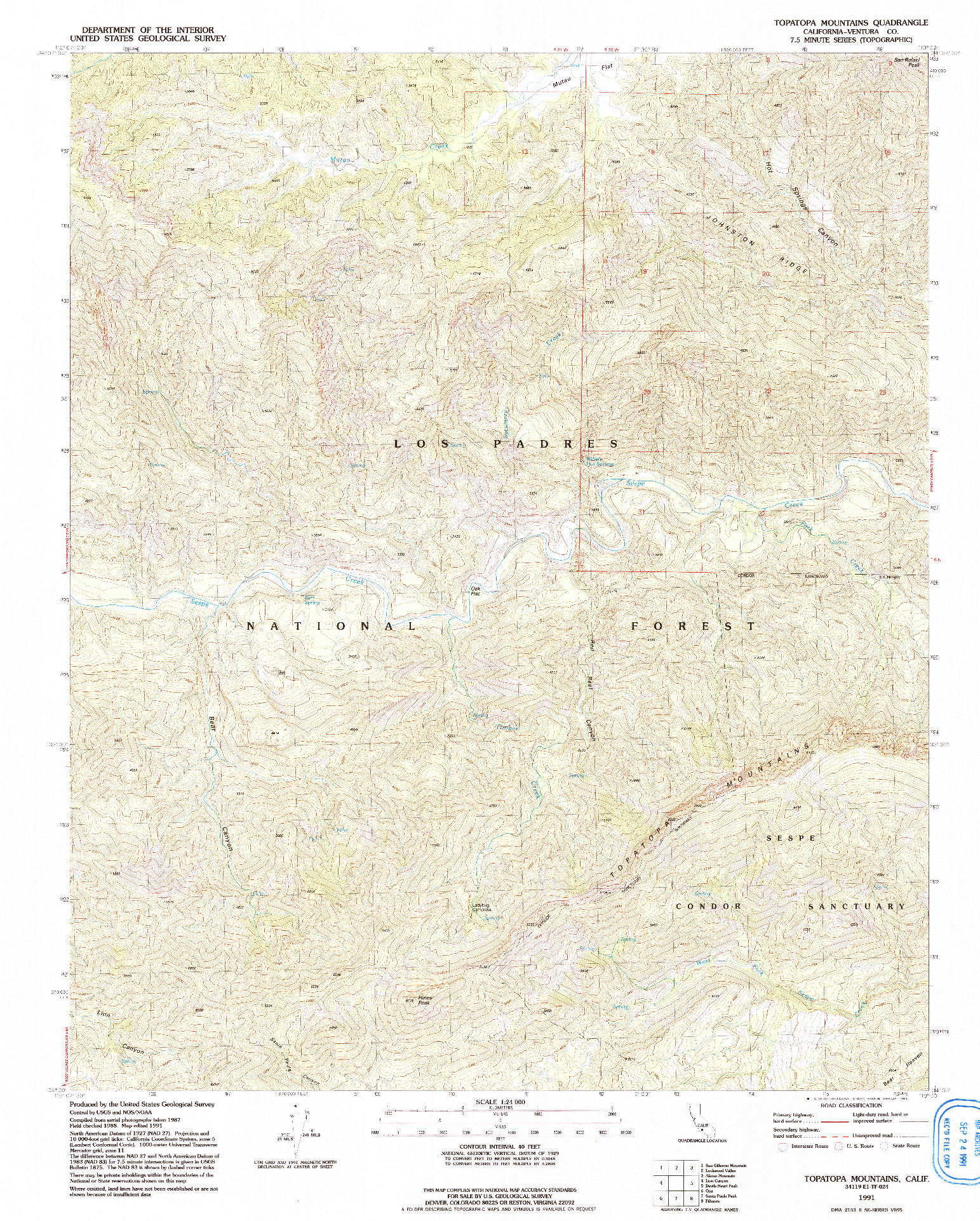 USGS 1:24000-SCALE QUADRANGLE FOR TOPATOPA MOUNTAINS, CA 1991