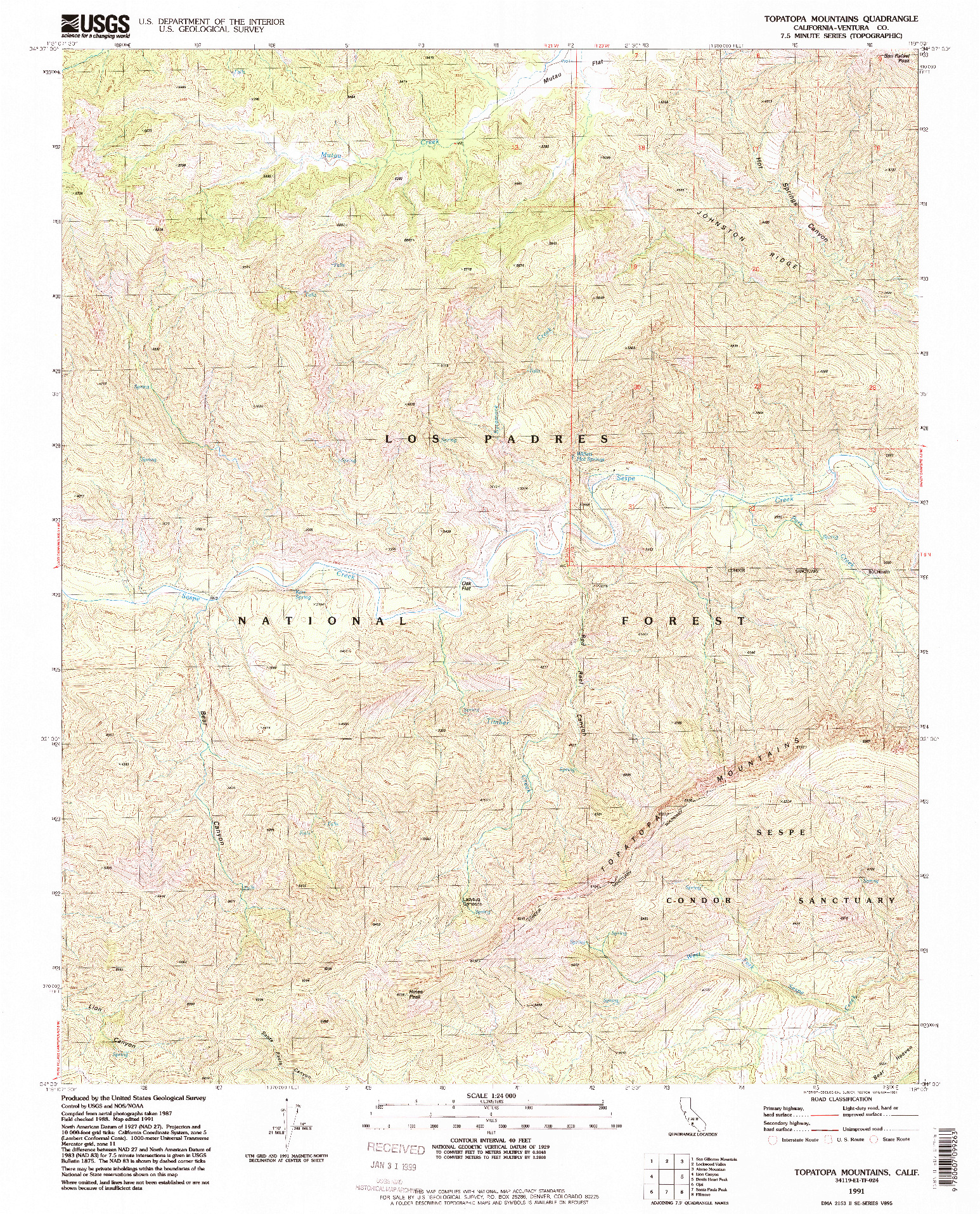 USGS 1:24000-SCALE QUADRANGLE FOR TOPATOPA MOUNTAINS, CA 1991