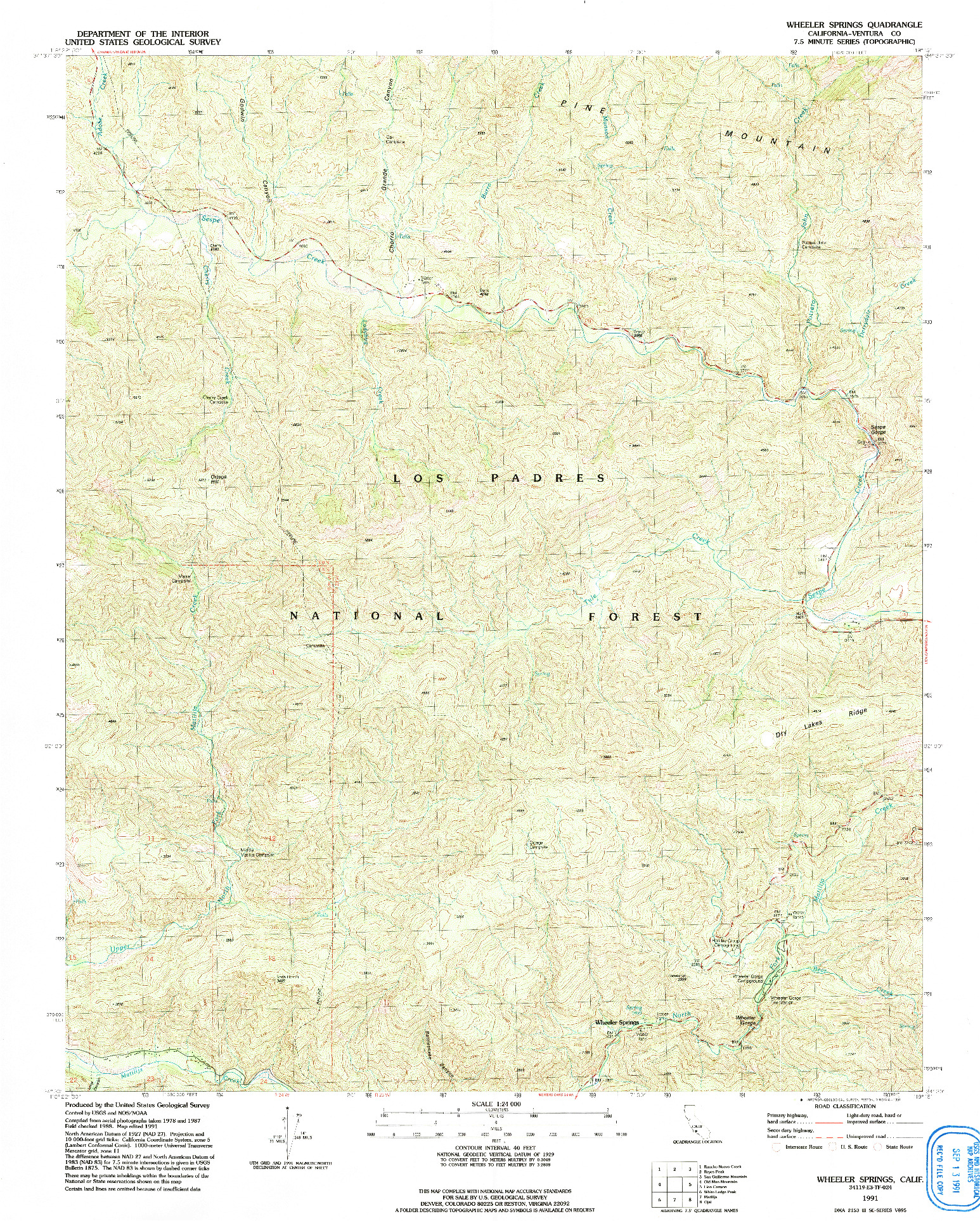 USGS 1:24000-SCALE QUADRANGLE FOR WHEELER SPRINGS, CA 1991