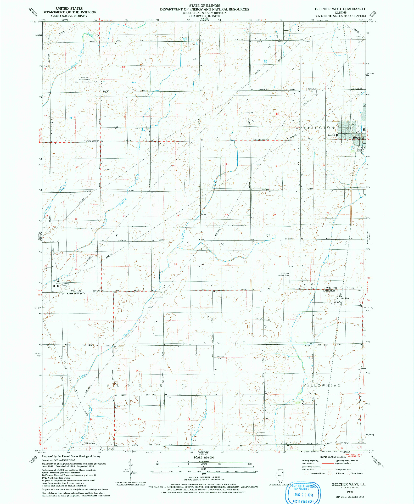 USGS 1:24000-SCALE QUADRANGLE FOR BEECHER WEST, IL 1990