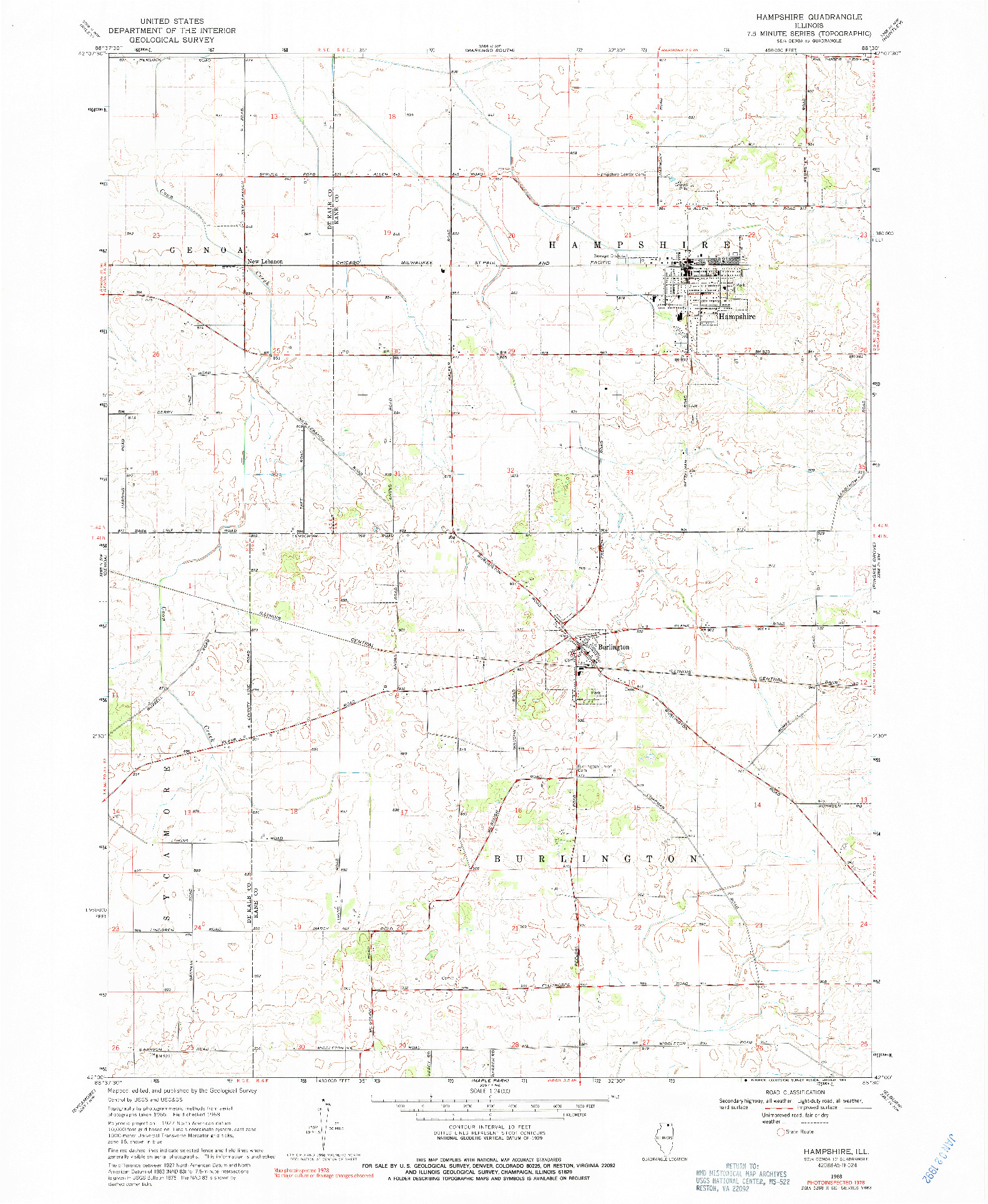 USGS 1:24000-SCALE QUADRANGLE FOR HAMPSHIRE, IL 1968
