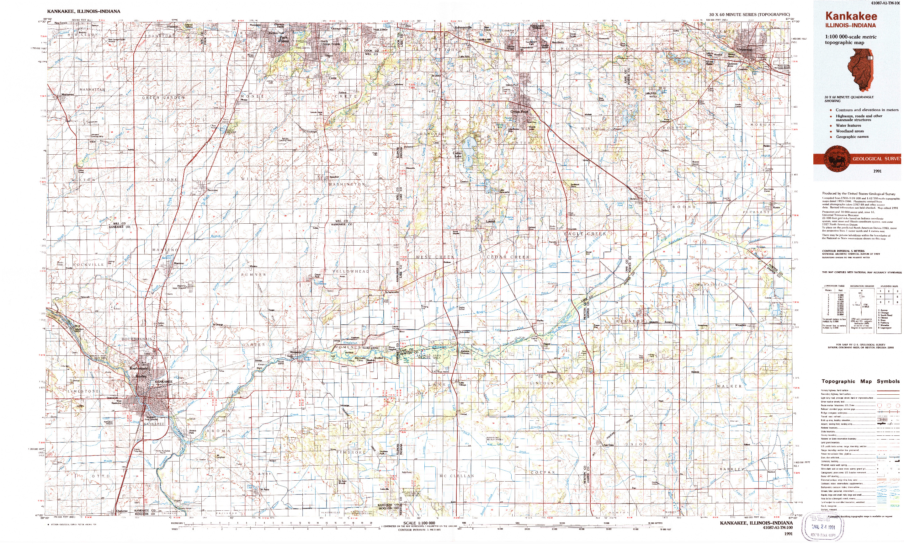 USGS 1:100000-SCALE QUADRANGLE FOR KANKAKEE, IL 1991