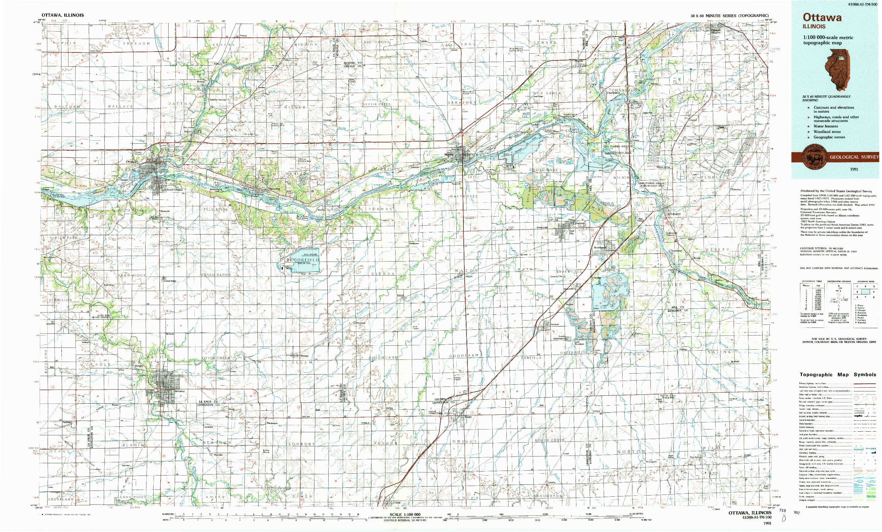 USGS 1:100000-SCALE QUADRANGLE FOR OTTAWA, IL 1991