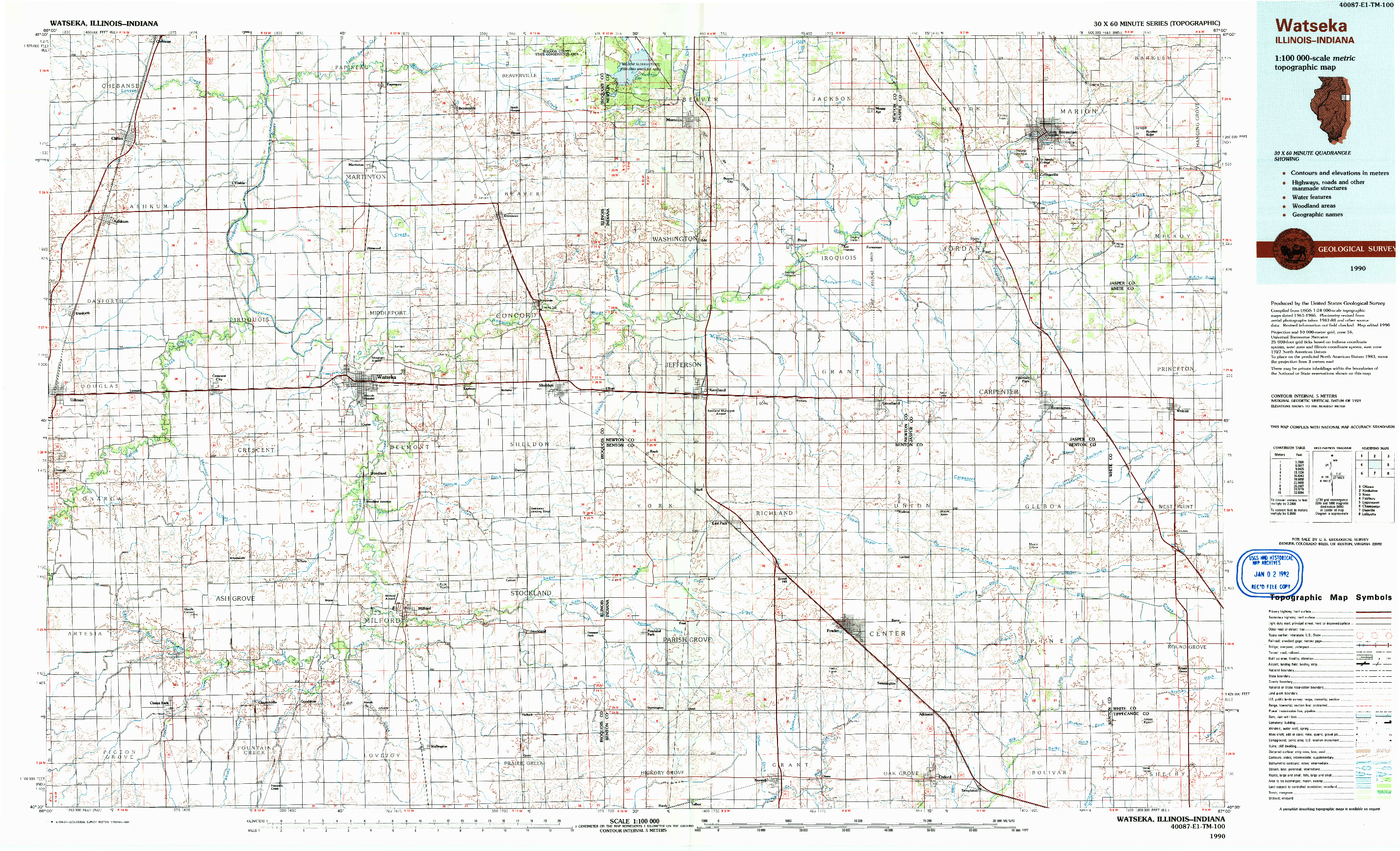 USGS 1:100000-SCALE QUADRANGLE FOR WATSEKA, IL 1990