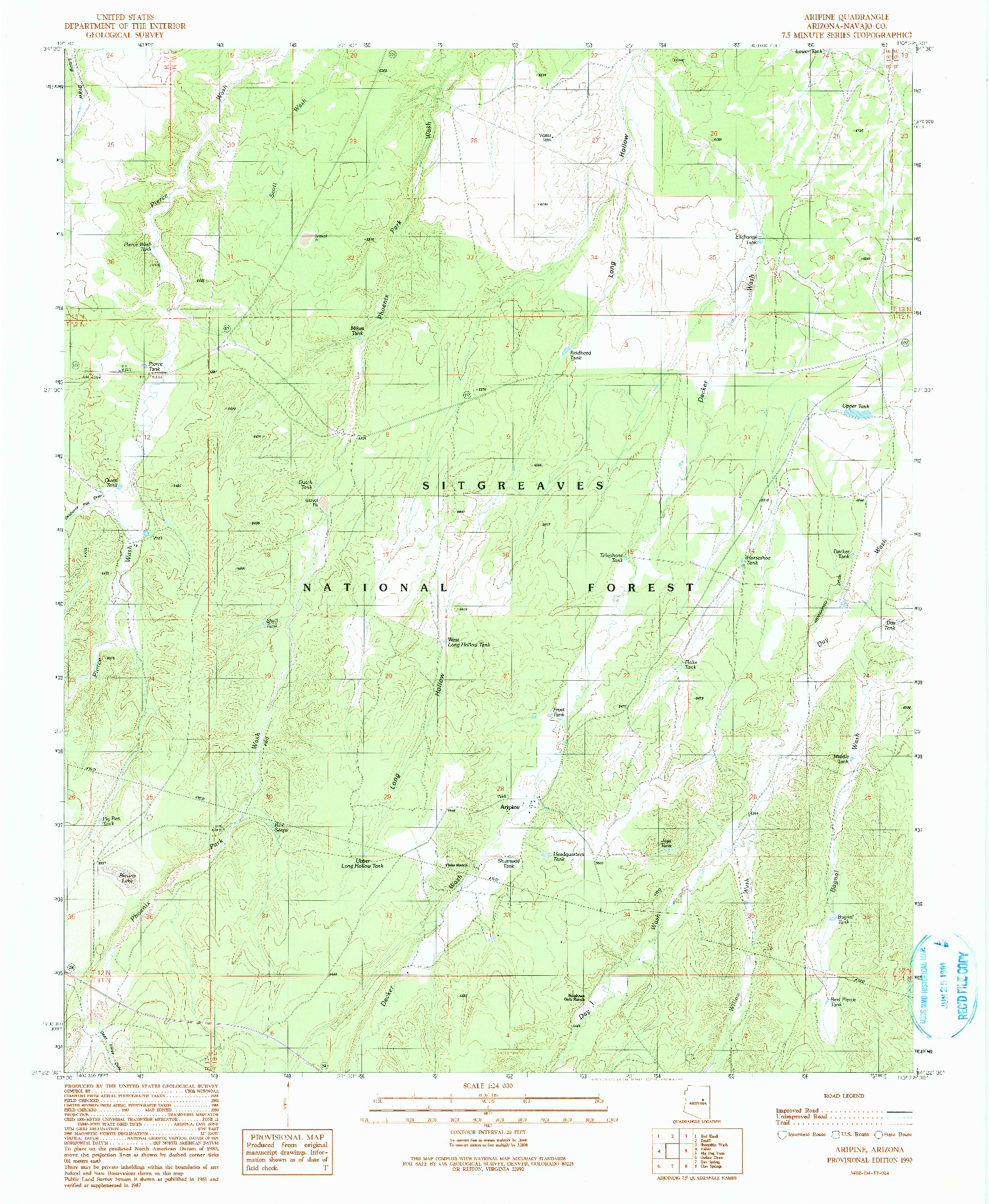 USGS 1:24000-SCALE QUADRANGLE FOR ARIPINE, AZ 1990