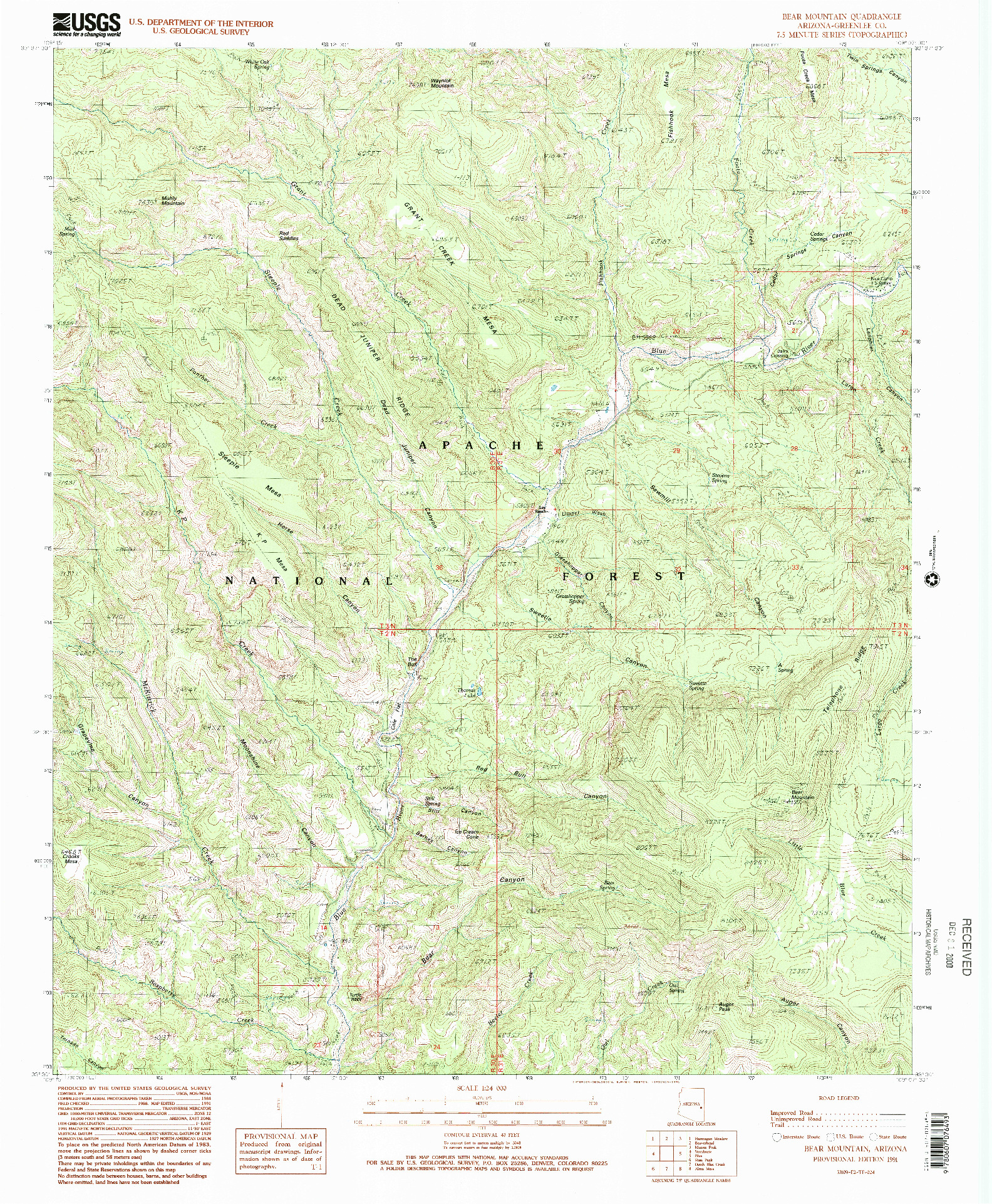 USGS 1:24000-SCALE QUADRANGLE FOR BEAR MOUNTAIN, AZ 1991