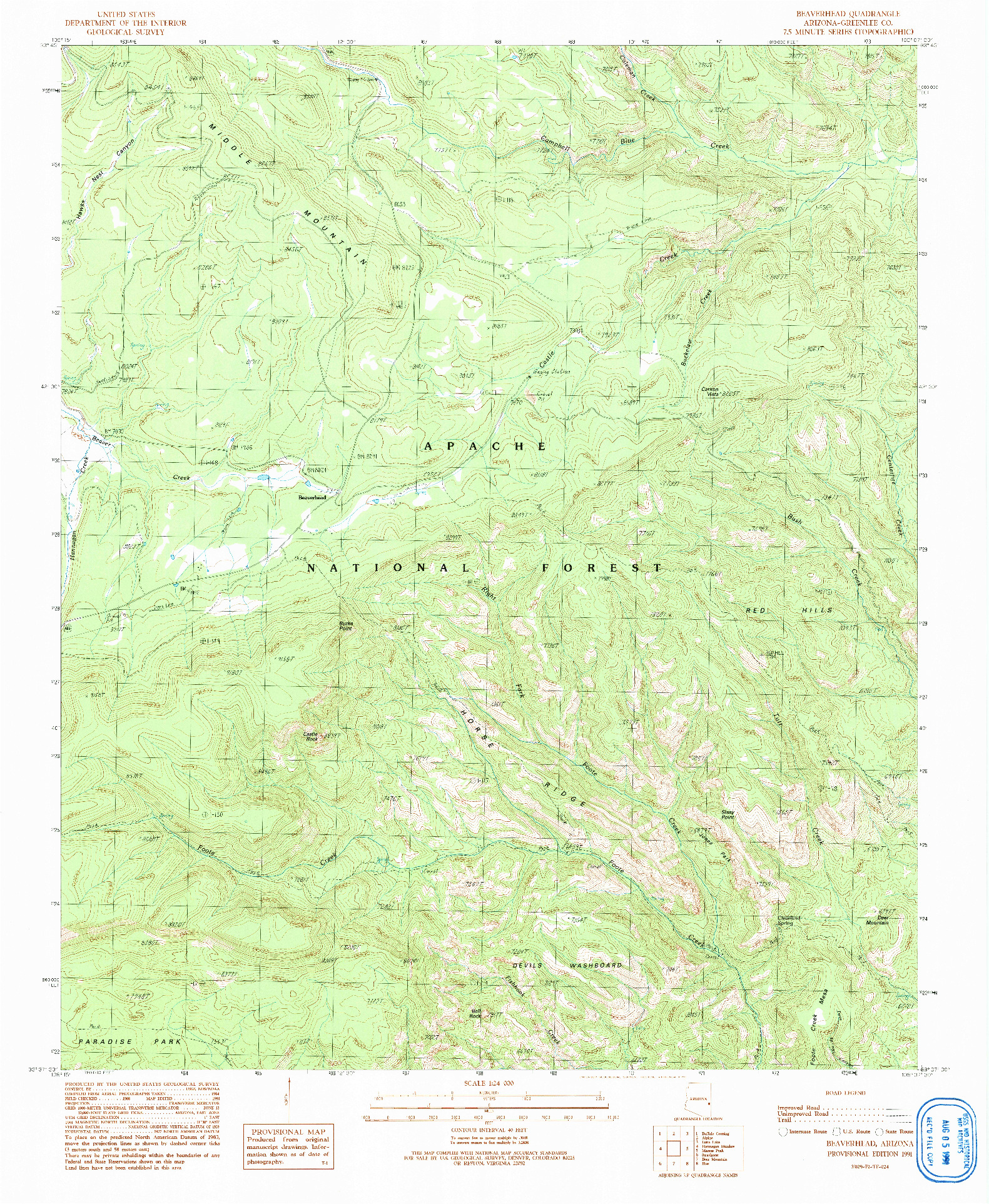USGS 1:24000-SCALE QUADRANGLE FOR BEAVERHEAD, AZ 1991