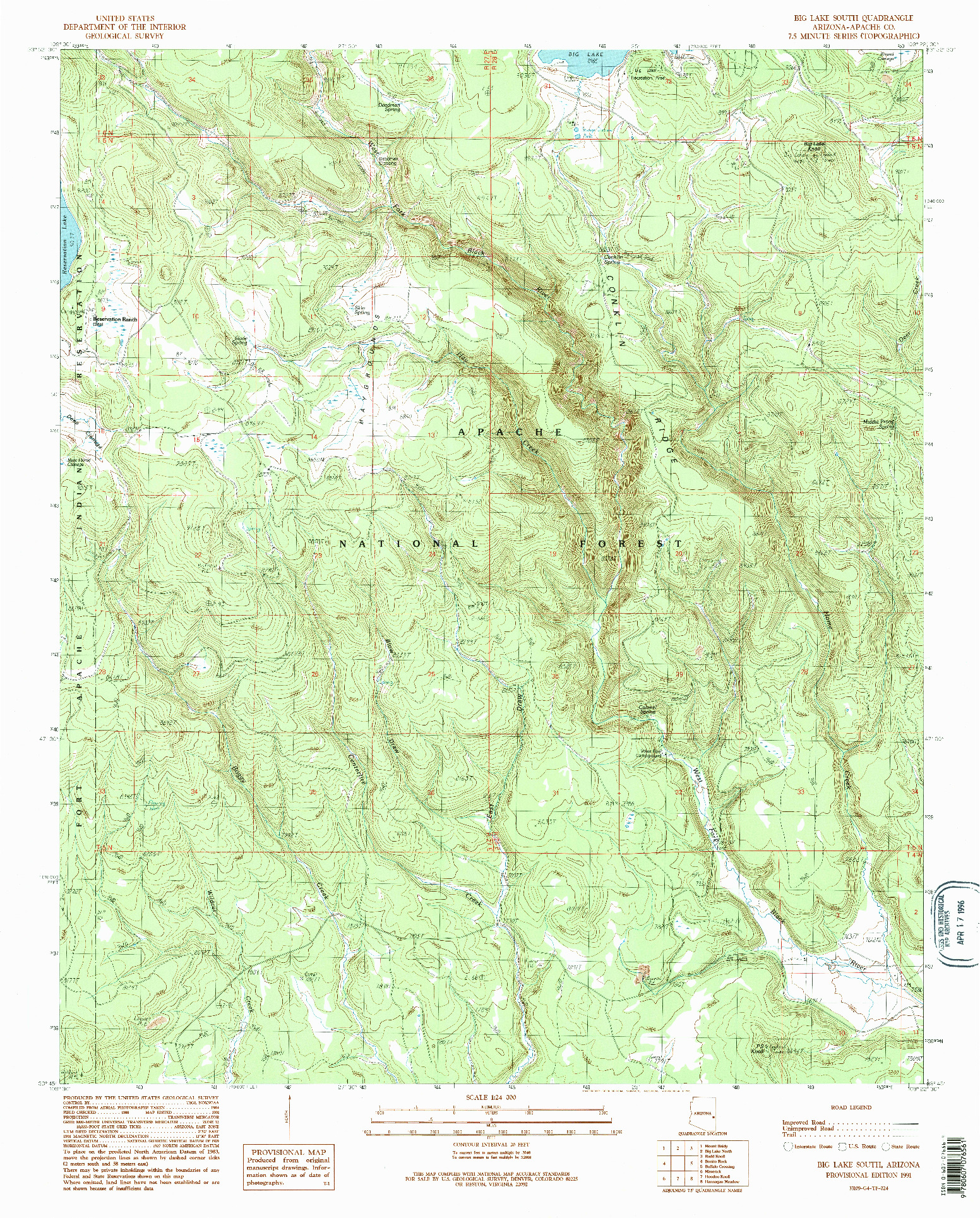 USGS 1:24000-SCALE QUADRANGLE FOR BIG LAKE SOUTH, AZ 1991