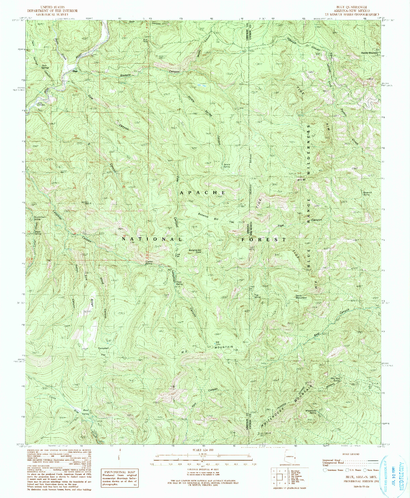 USGS 1:24000-SCALE QUADRANGLE FOR BLUE, AZ 1991
