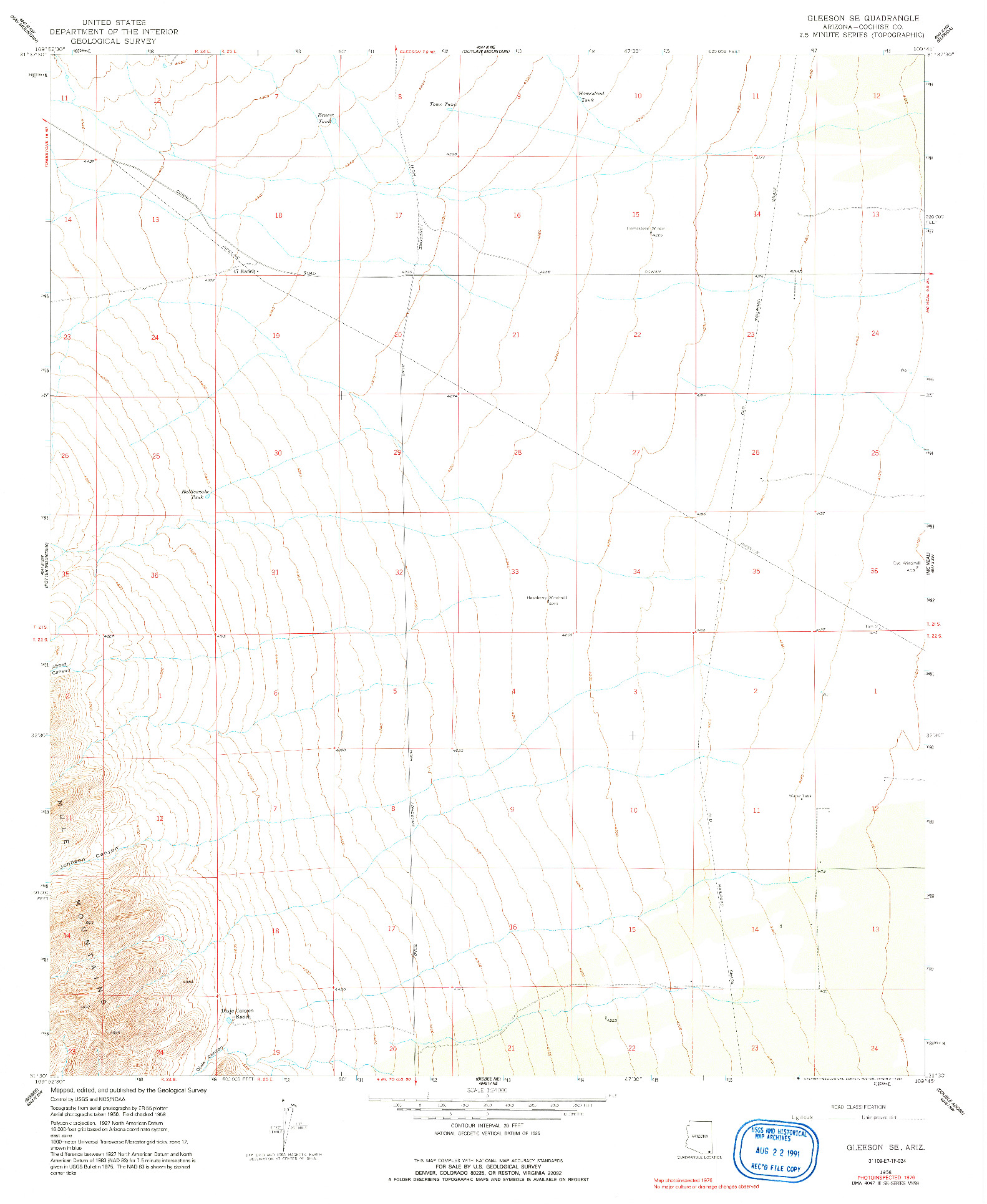 USGS 1:24000-SCALE QUADRANGLE FOR GLEESON SE, AZ 1958