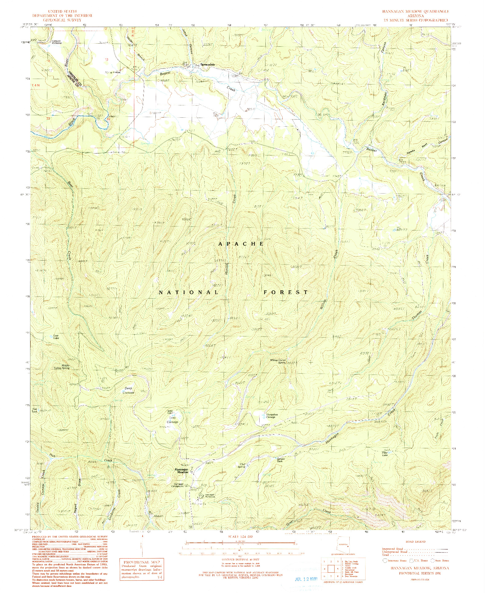 USGS 1:24000-SCALE QUADRANGLE FOR HANNAGAN MEADOW, AZ 1991