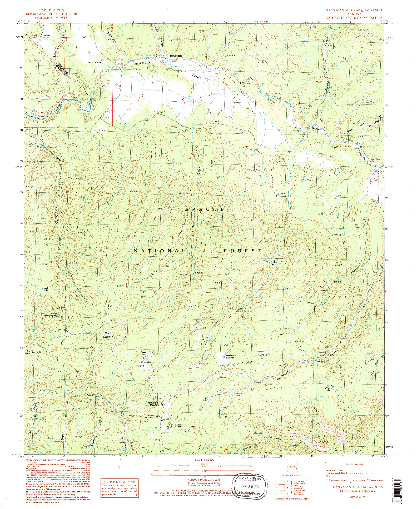 USGS 1:24000-SCALE QUADRANGLE FOR HANNAGAN MEADOW, AZ 1991