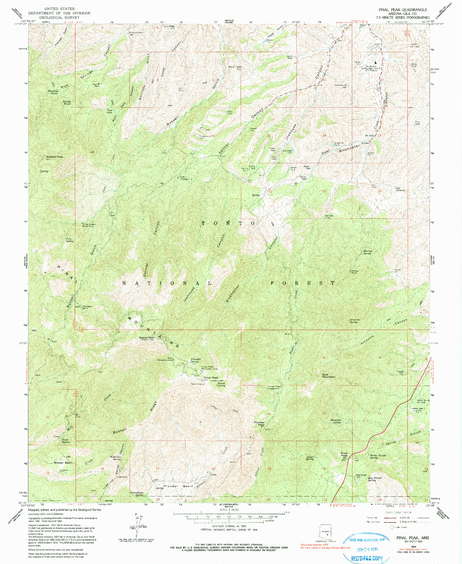 USGS 1:24000-SCALE QUADRANGLE FOR PINAL PEAK, AZ 1964
