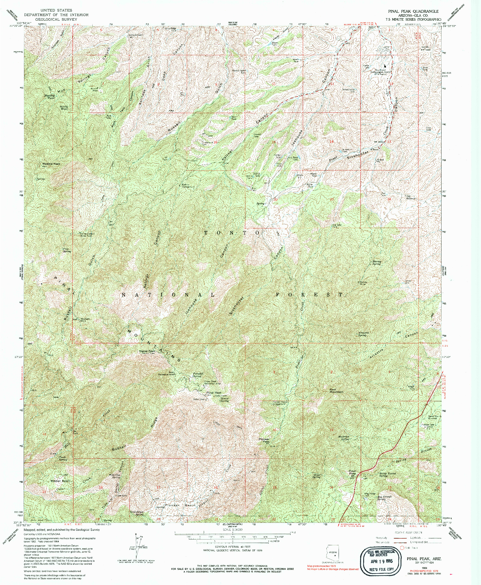 USGS 1:24000-SCALE QUADRANGLE FOR PINAL PEAK, AZ 1964