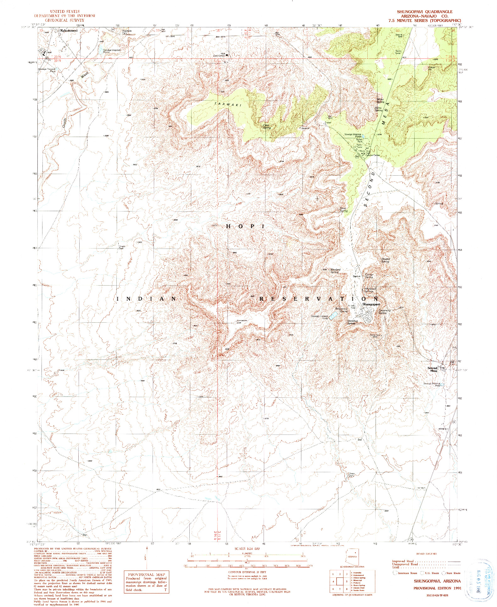 USGS 1:24000-SCALE QUADRANGLE FOR SHUNGOPAVI, AZ 1991