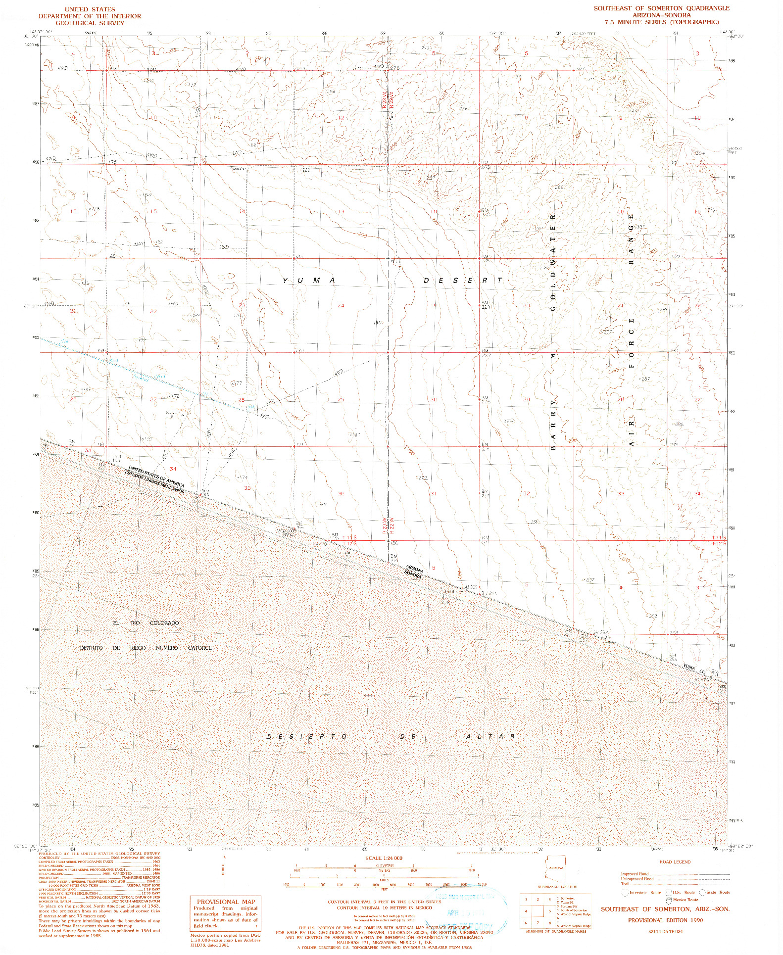 USGS 1:24000-SCALE QUADRANGLE FOR SOUTHEAST OF SOMERTON, AZ 1990