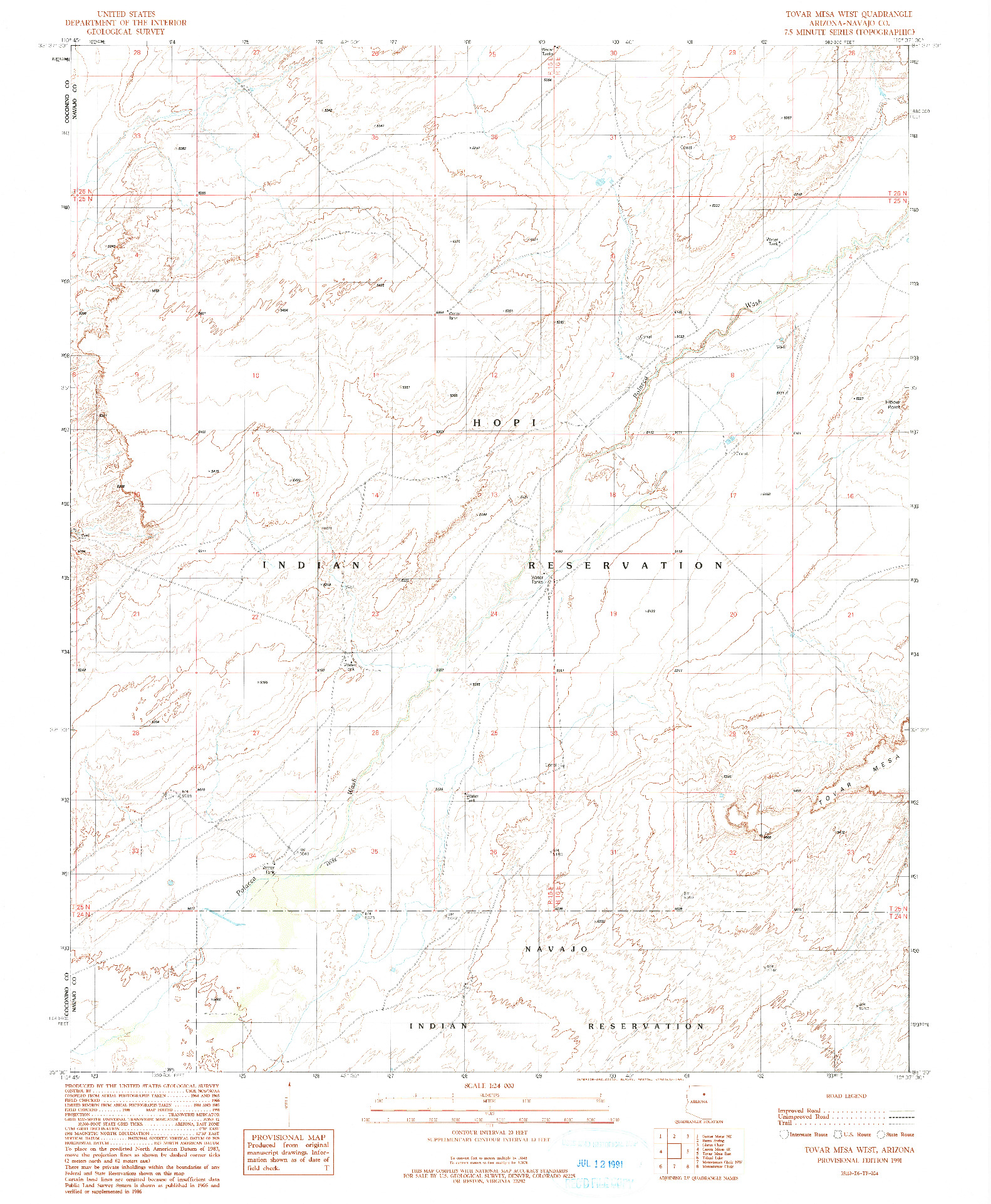 USGS 1:24000-SCALE QUADRANGLE FOR TOVAR MESA WEST, AZ 1991