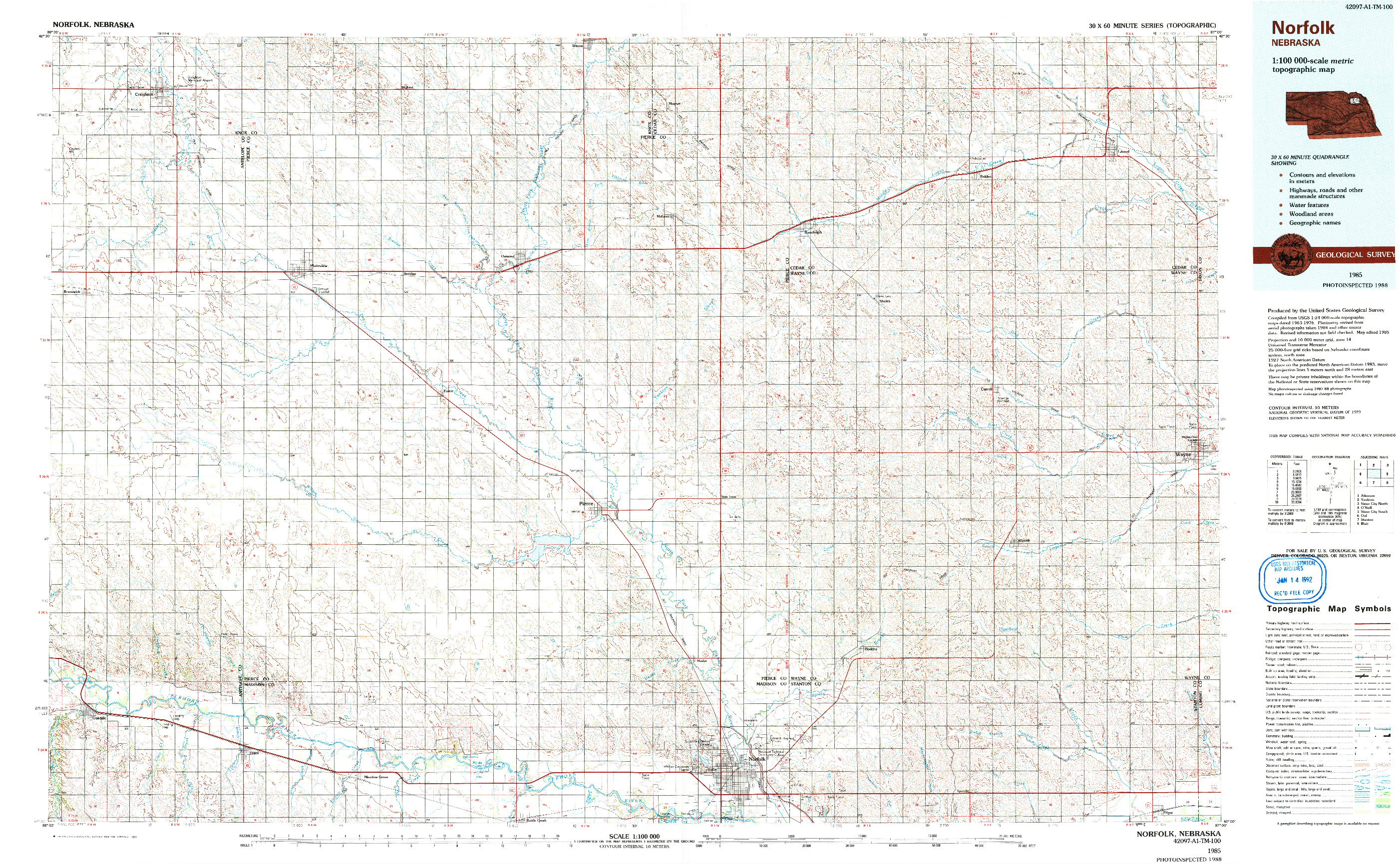 USGS 1:100000-SCALE QUADRANGLE FOR NORFOLK, NE 1985