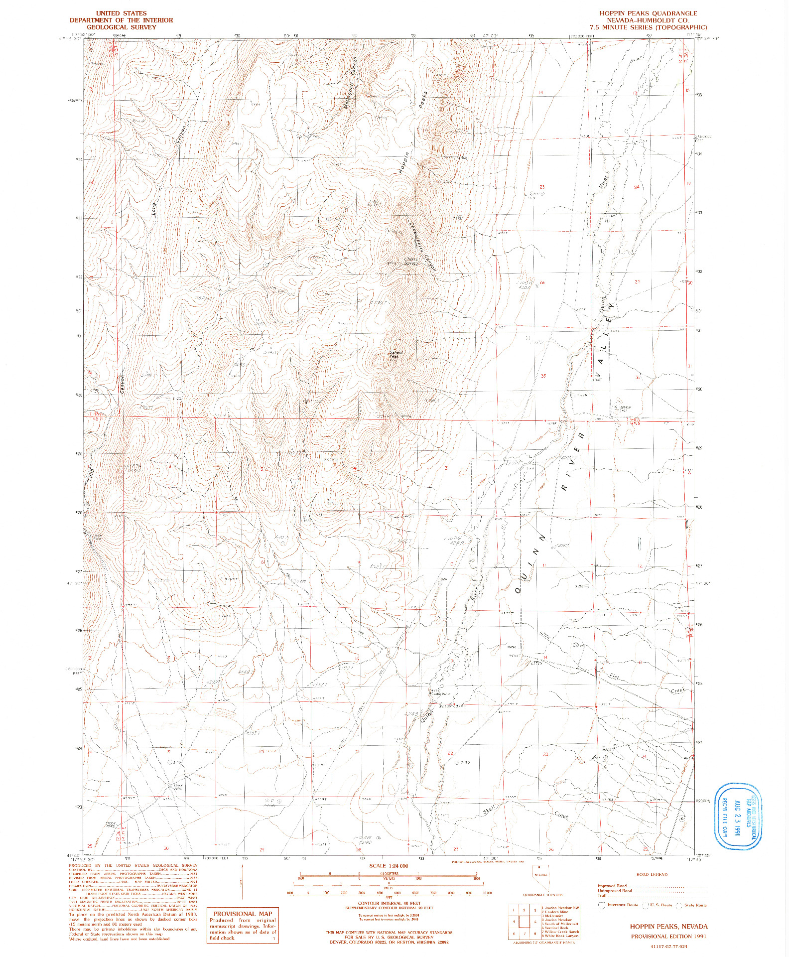 USGS 1:24000-SCALE QUADRANGLE FOR HOPPIN PEAKS, NV 1991