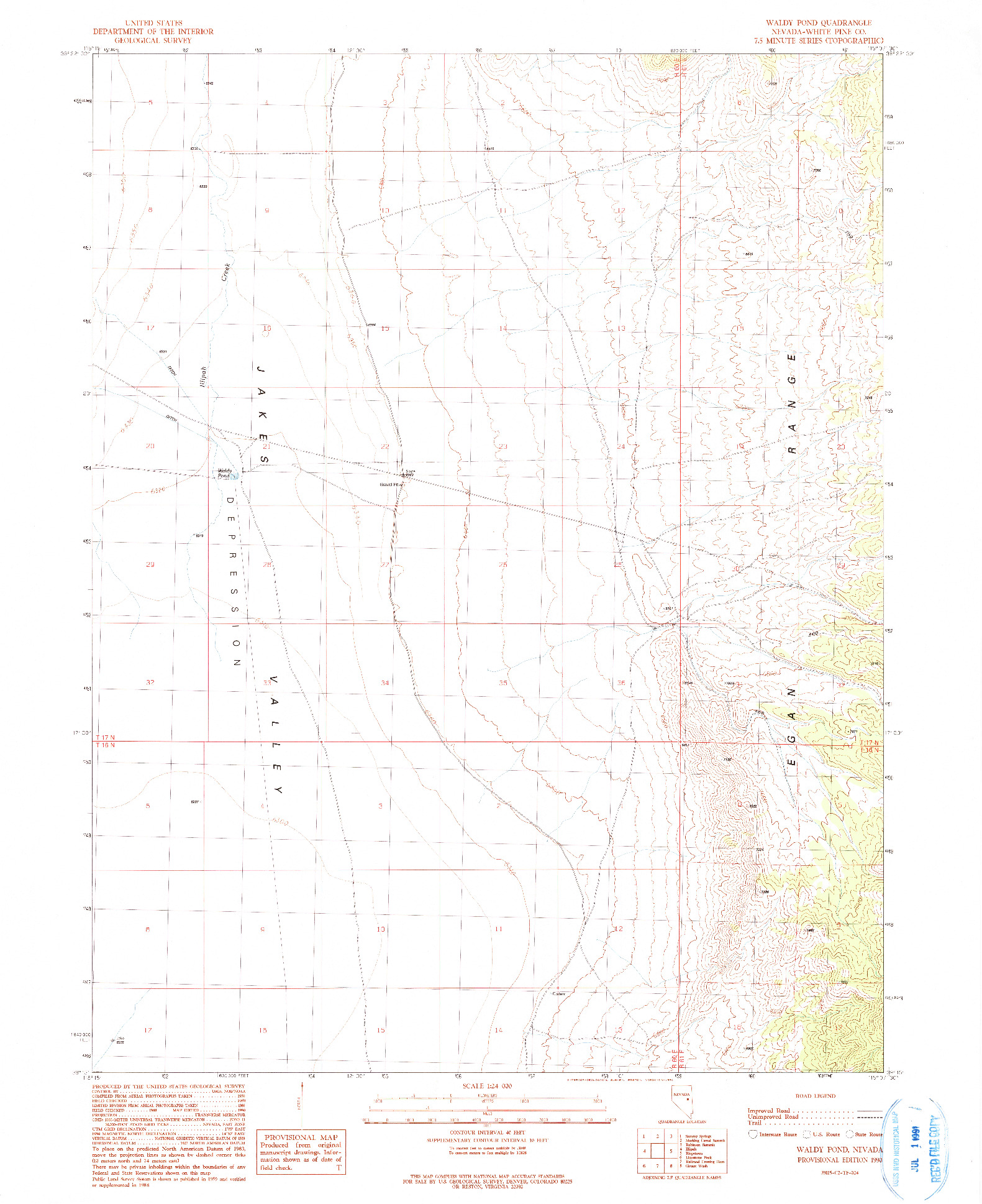 USGS 1:24000-SCALE QUADRANGLE FOR WALDY POND, NV 1990