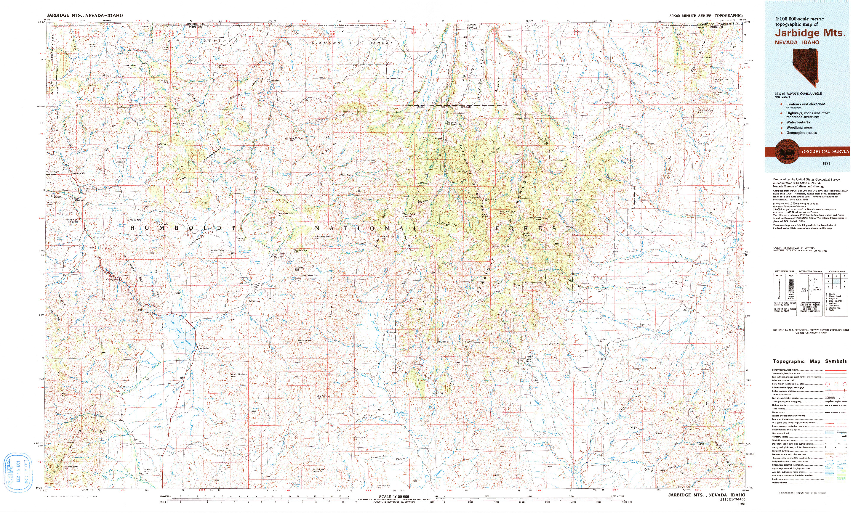 USGS 1:100000-SCALE QUADRANGLE FOR JARBIDGE MTS, NV 1981