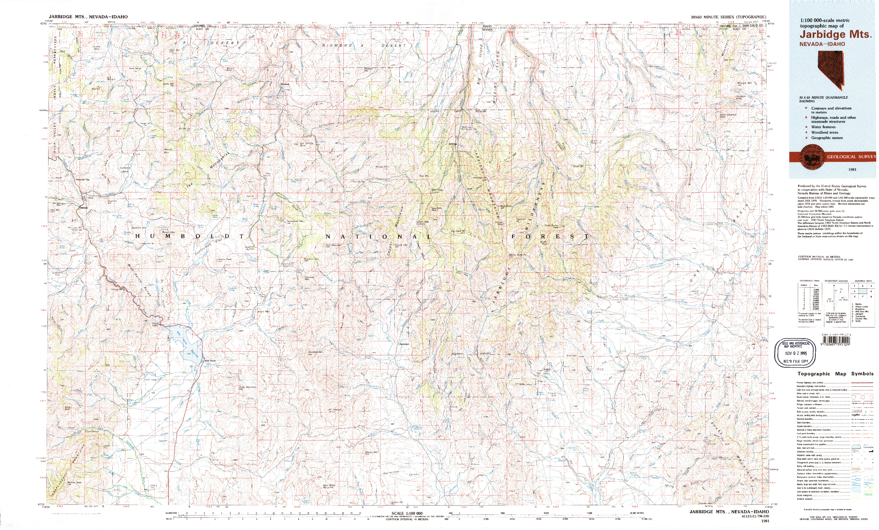 USGS 1:100000-SCALE QUADRANGLE FOR JARBIDGE MTS, NV 1981