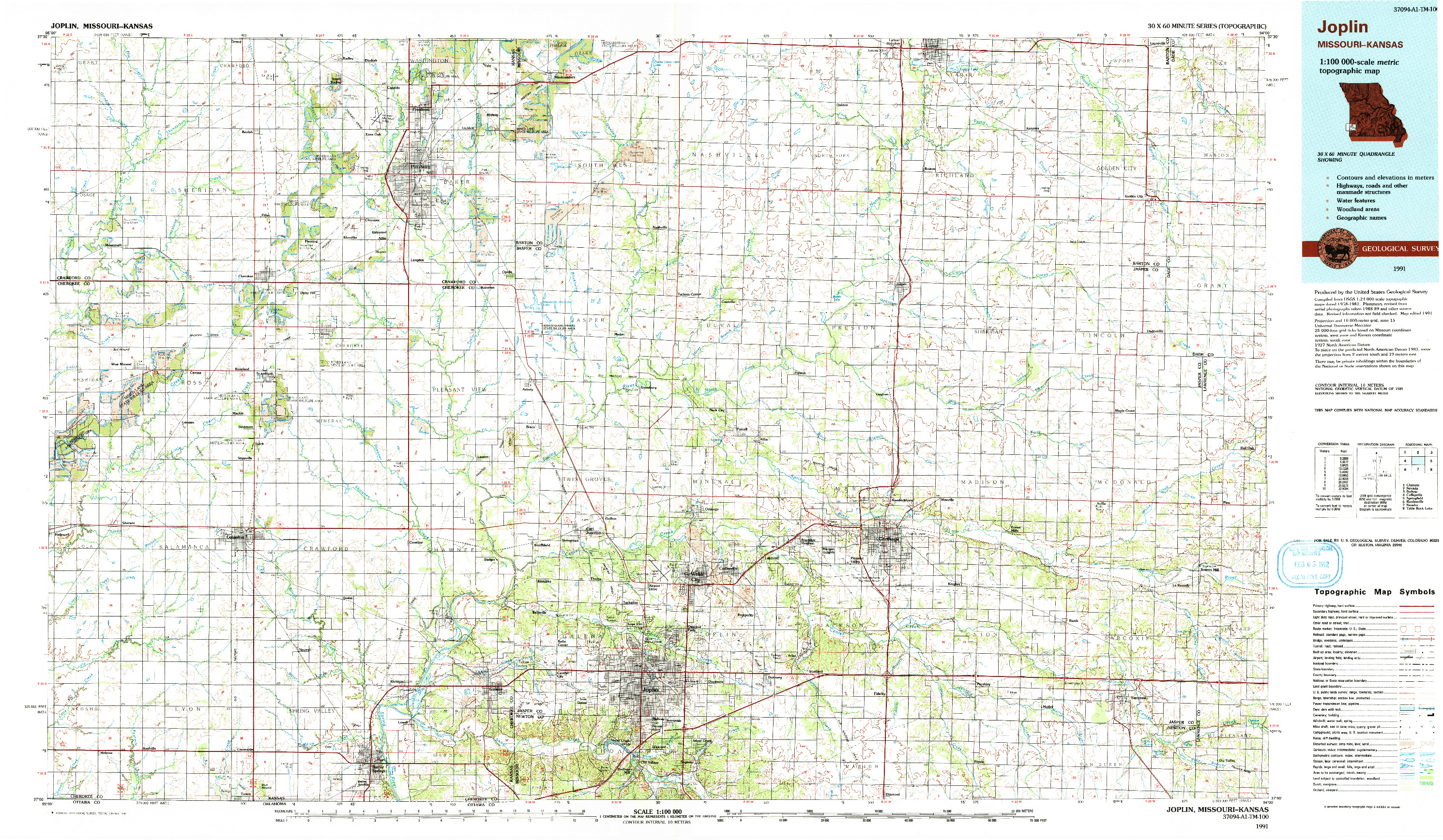 USGS 1:100000-SCALE QUADRANGLE FOR JOPLIN, MO 1991