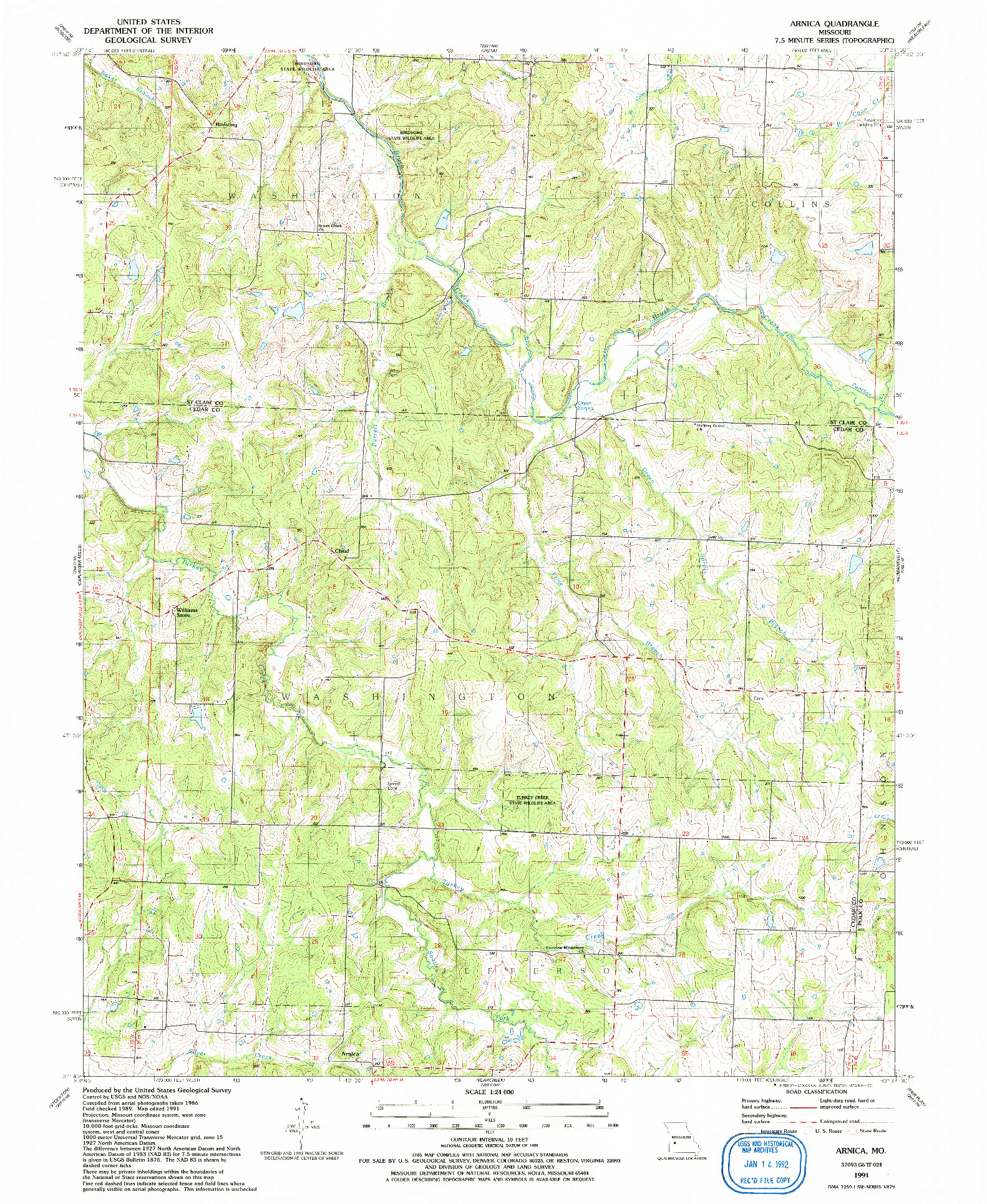 USGS 1:24000-SCALE QUADRANGLE FOR ARNICA, MO 1991