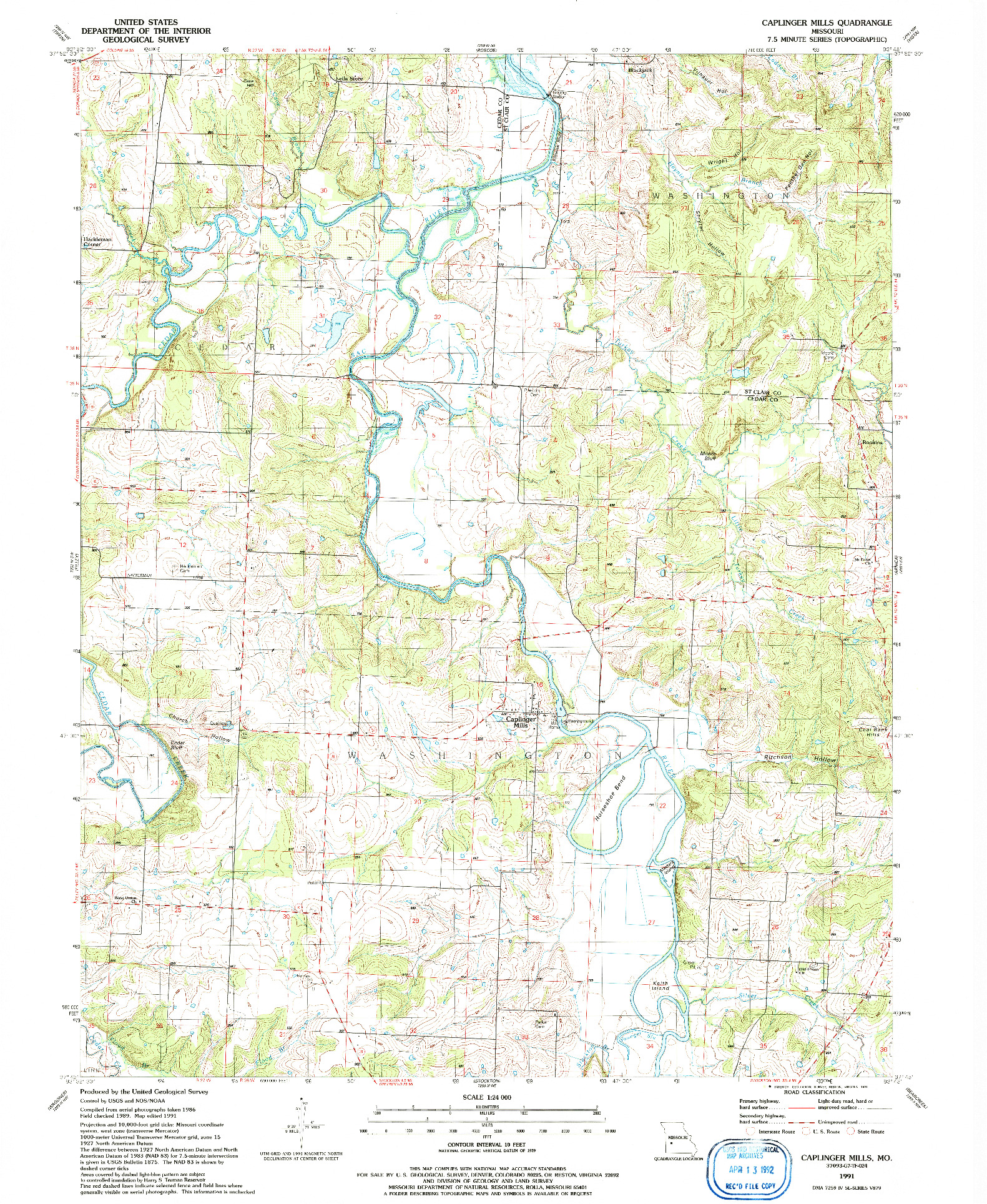 USGS 1:24000-SCALE QUADRANGLE FOR CAPLINGER MILLS, MO 1991