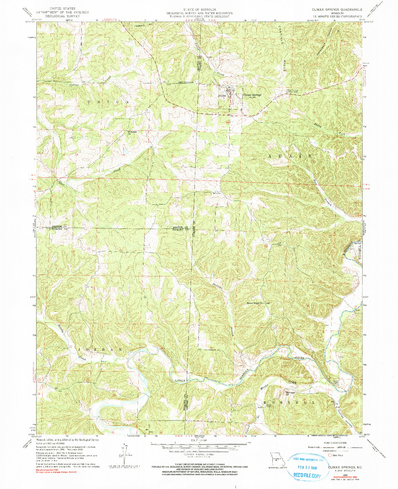 USGS 1:24000-SCALE QUADRANGLE FOR CLIMAX SPRINGS, MO 1960