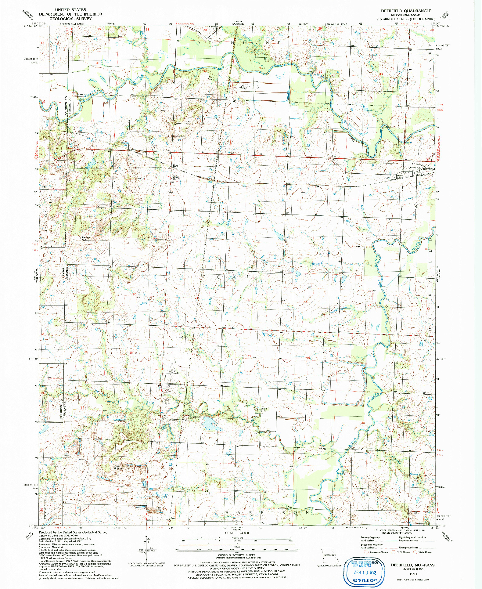USGS 1:24000-SCALE QUADRANGLE FOR DEERFIELD, MO 1991