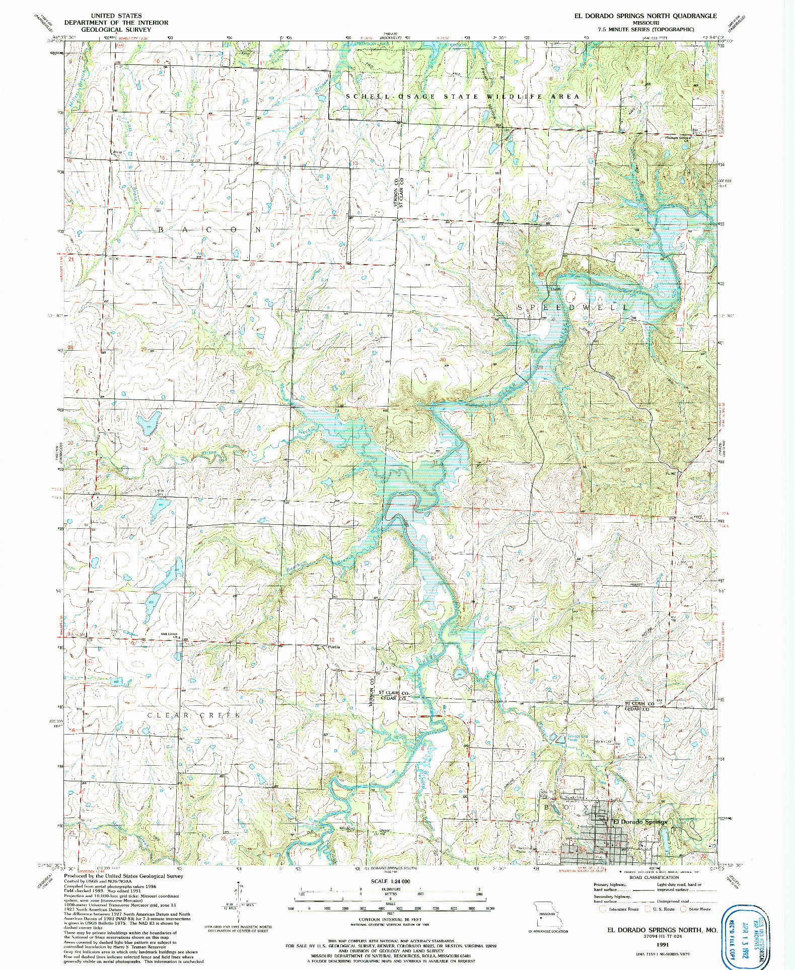 USGS 1:24000-SCALE QUADRANGLE FOR EL DORADO SPRINGS NORTH, MO 1991