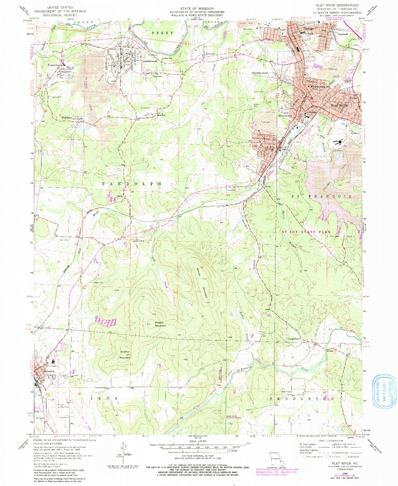 USGS 1:24000-SCALE QUADRANGLE FOR FLAT RIVER, MO 1958