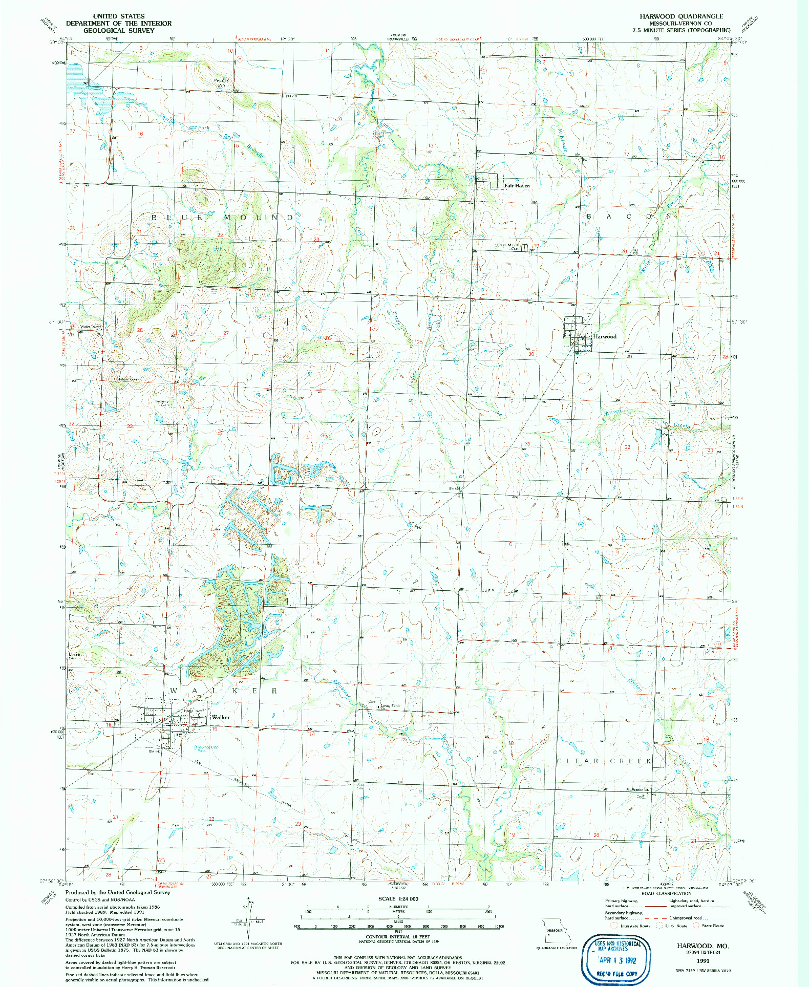 USGS 1:24000-SCALE QUADRANGLE FOR HARWOOD, MO 1991