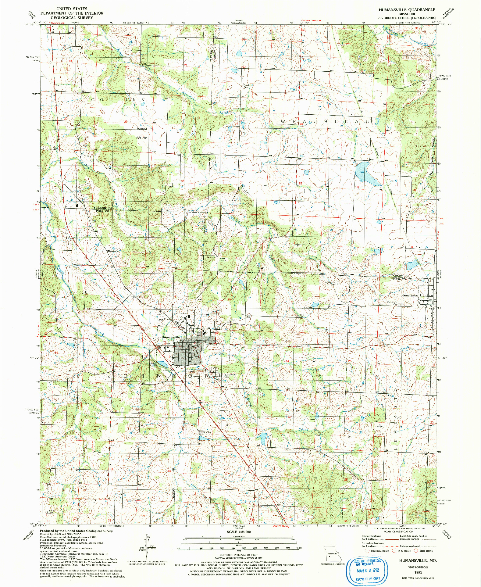 USGS 1:24000-SCALE QUADRANGLE FOR HUMANSVILLE, MO 1991
