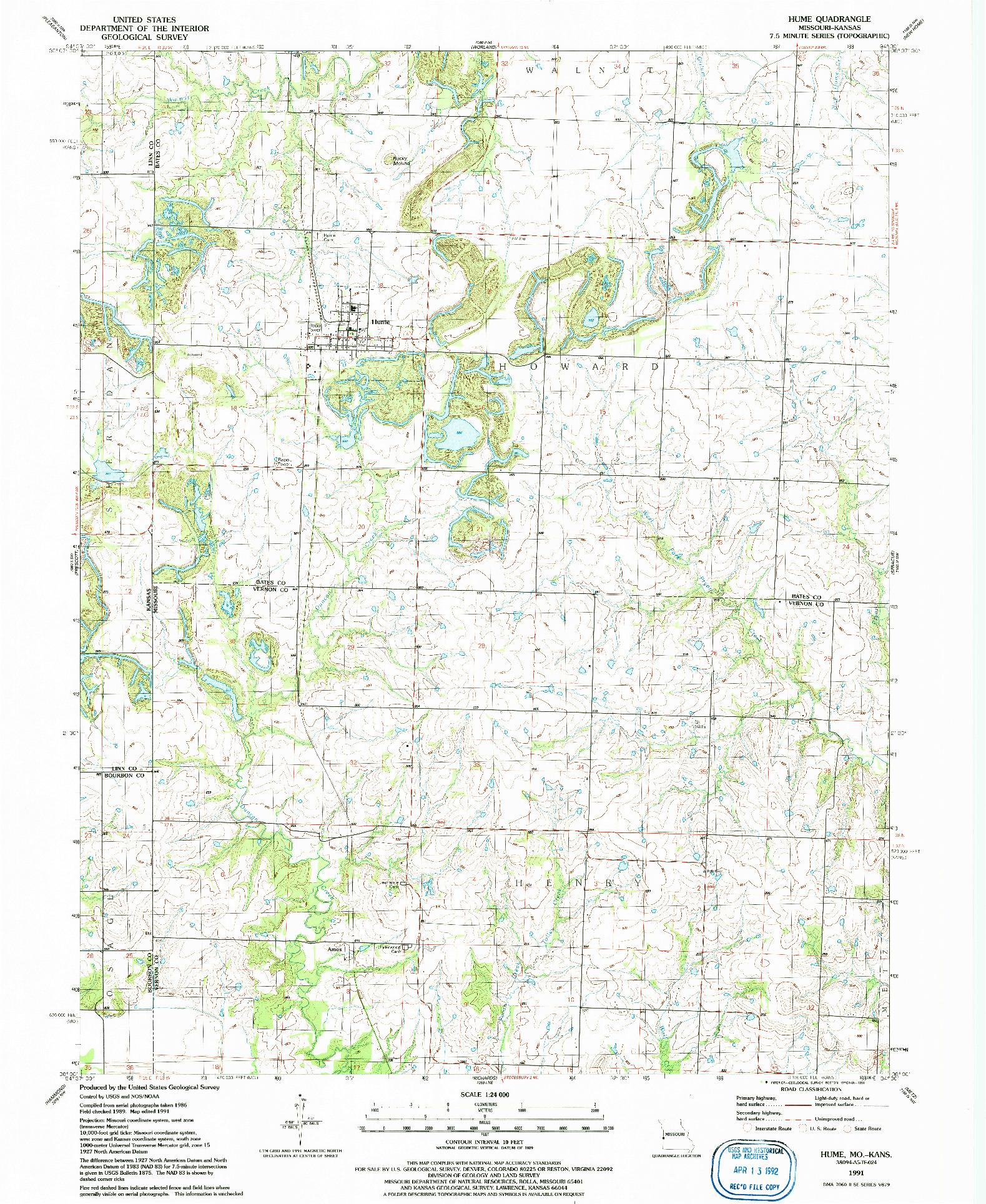 USGS 1:24000-SCALE QUADRANGLE FOR HUME, MO 1991