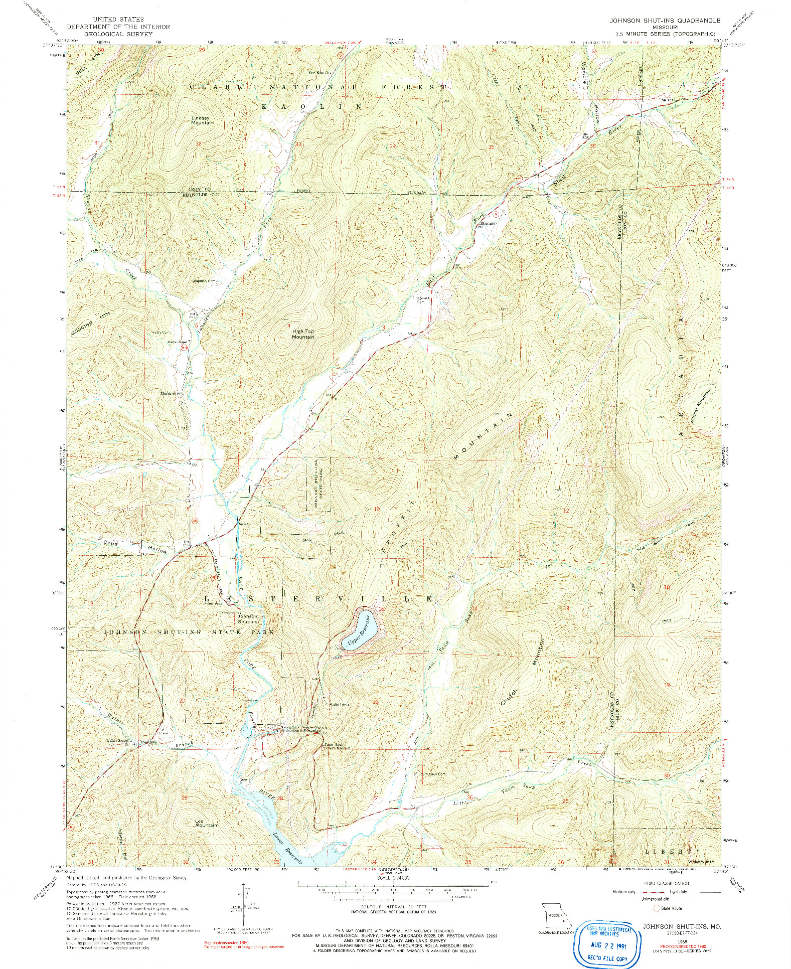 USGS 1:24000-SCALE QUADRANGLE FOR JOHNSON SHUT-INS, MO 1968