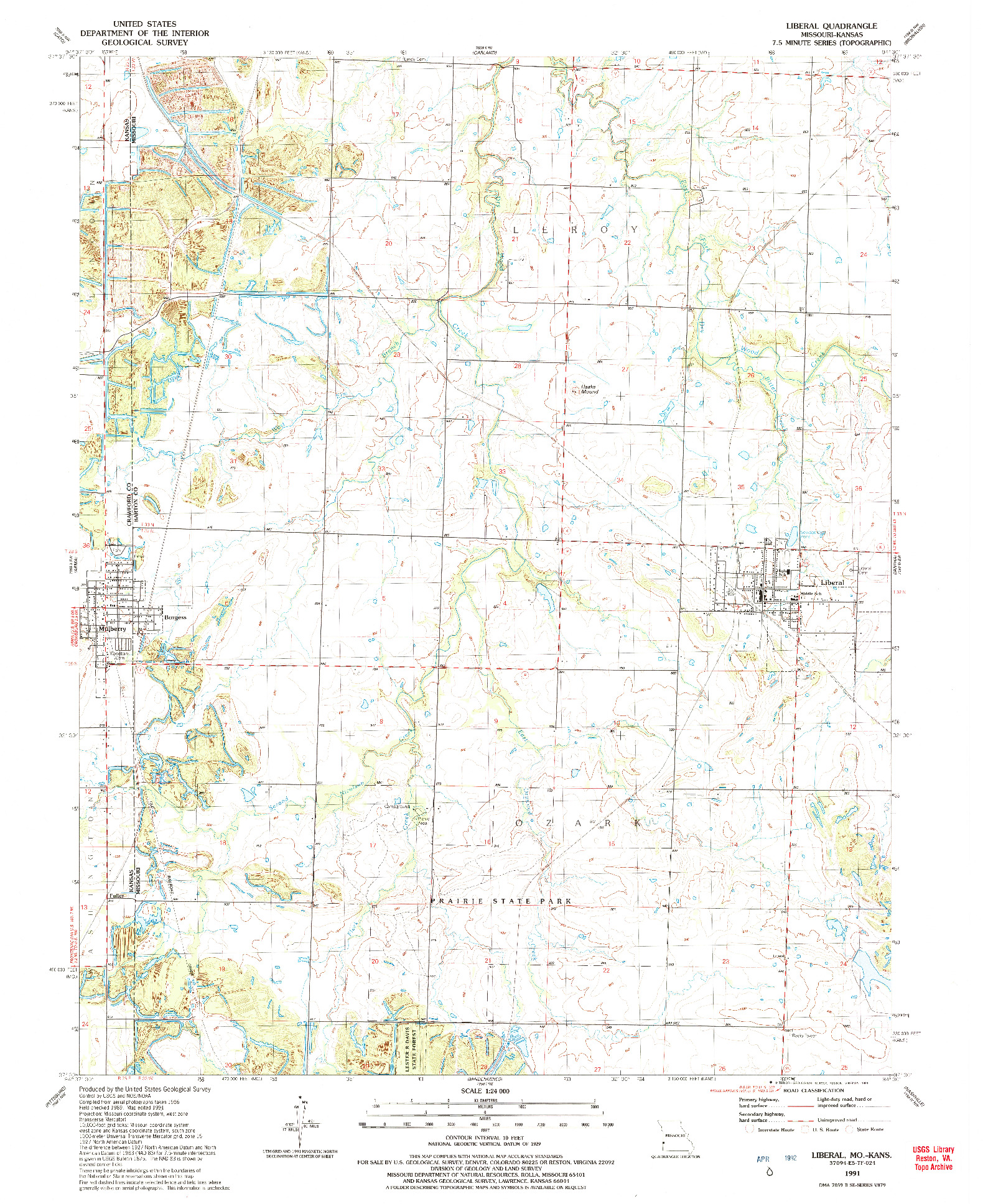 USGS 1:24000-SCALE QUADRANGLE FOR LIBERAL, MO 1991