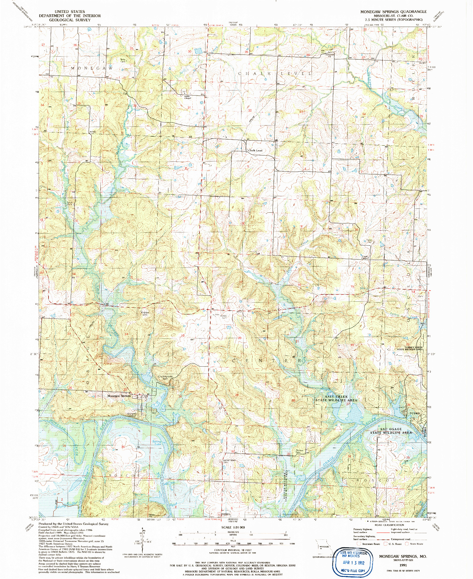 USGS 1:24000-SCALE QUADRANGLE FOR MONEGAW SPRINGS, MO 1991