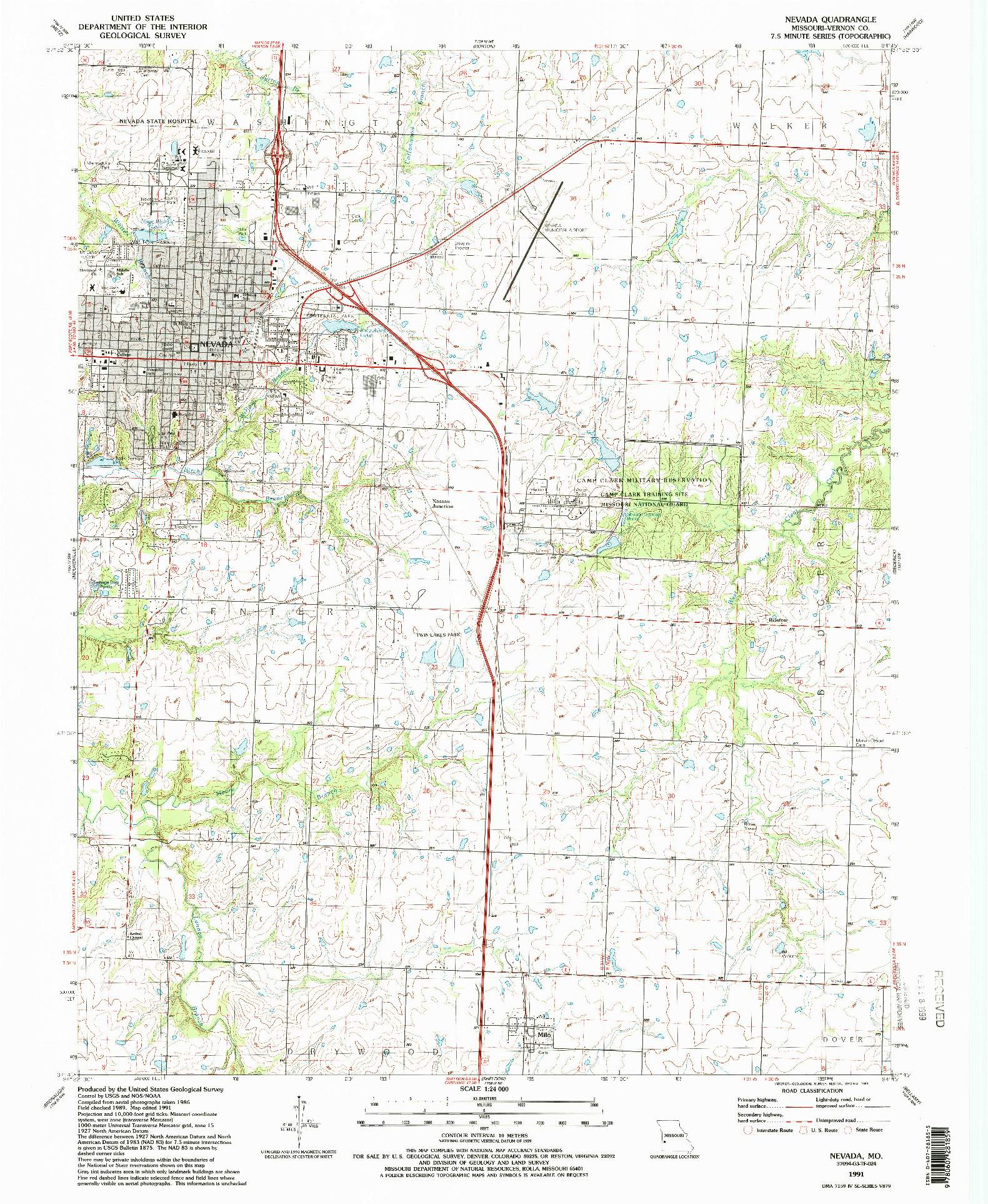 USGS 1:24000-SCALE QUADRANGLE FOR NEVADA, MO 1991