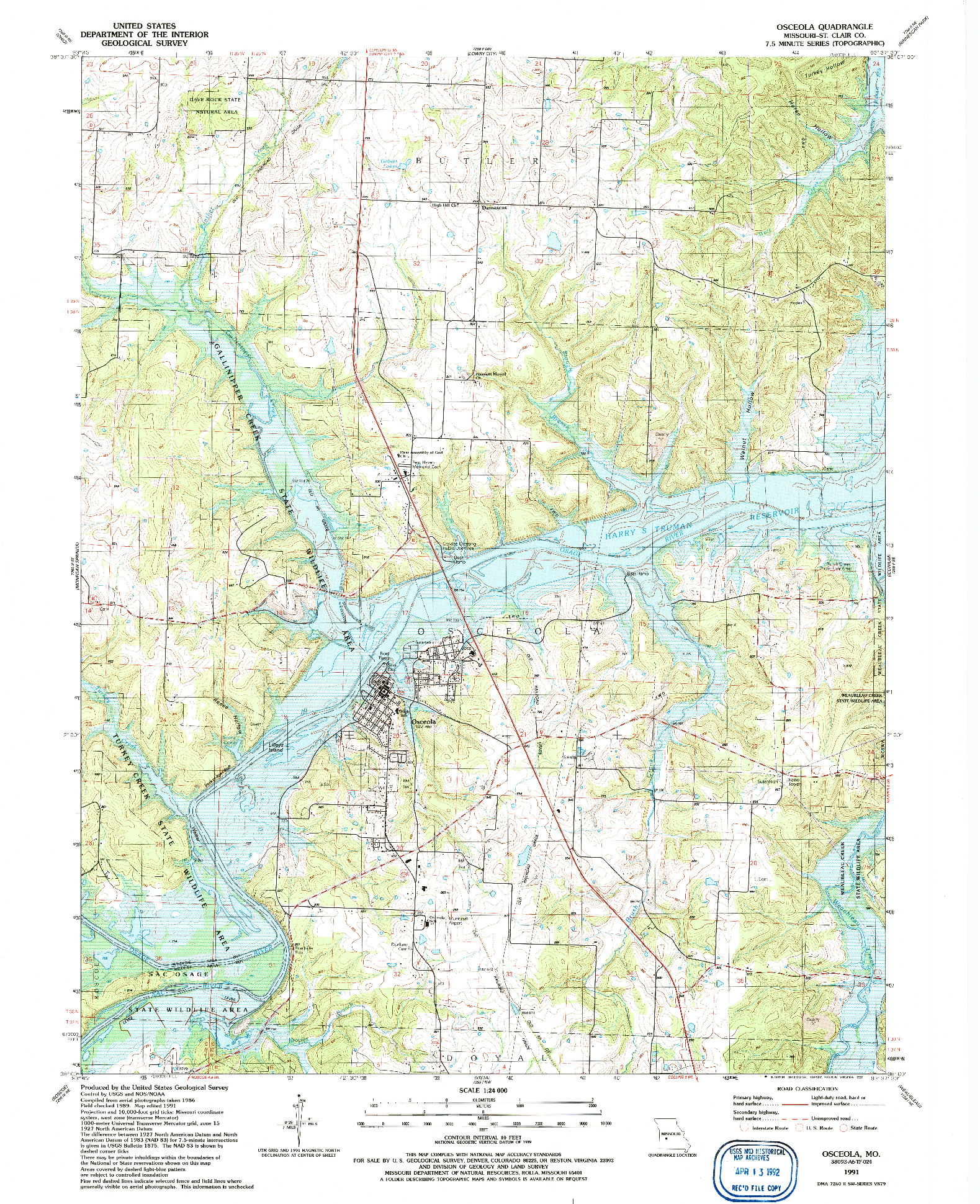 USGS 1:24000-SCALE QUADRANGLE FOR OSCEOLA, MO 1991