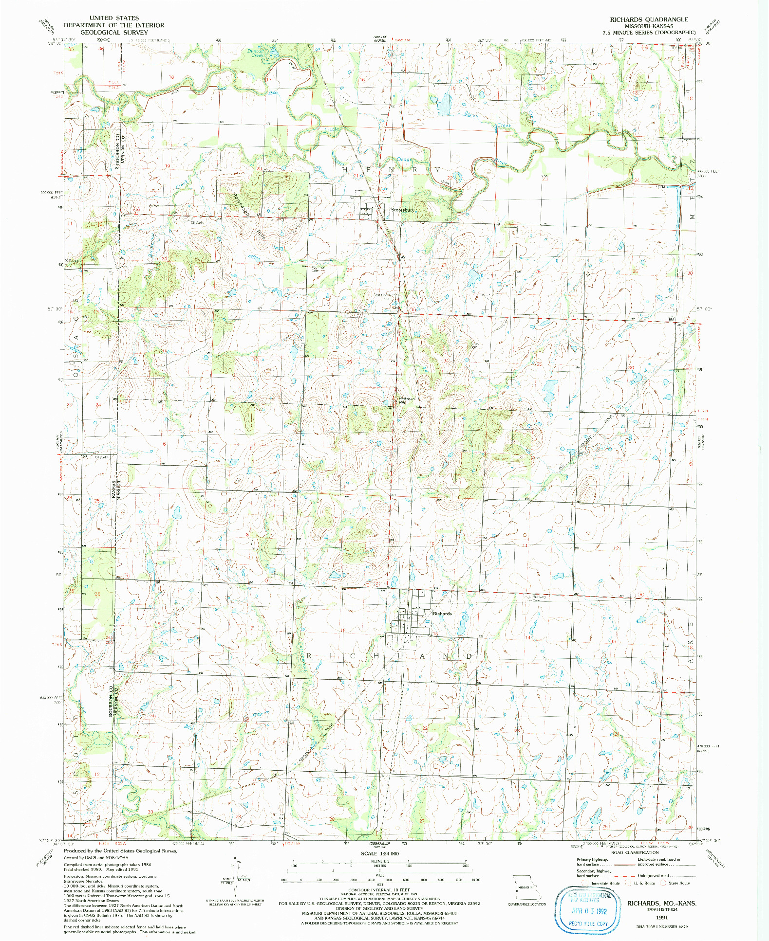 USGS 1:24000-SCALE QUADRANGLE FOR RICHARDS, MO 1991