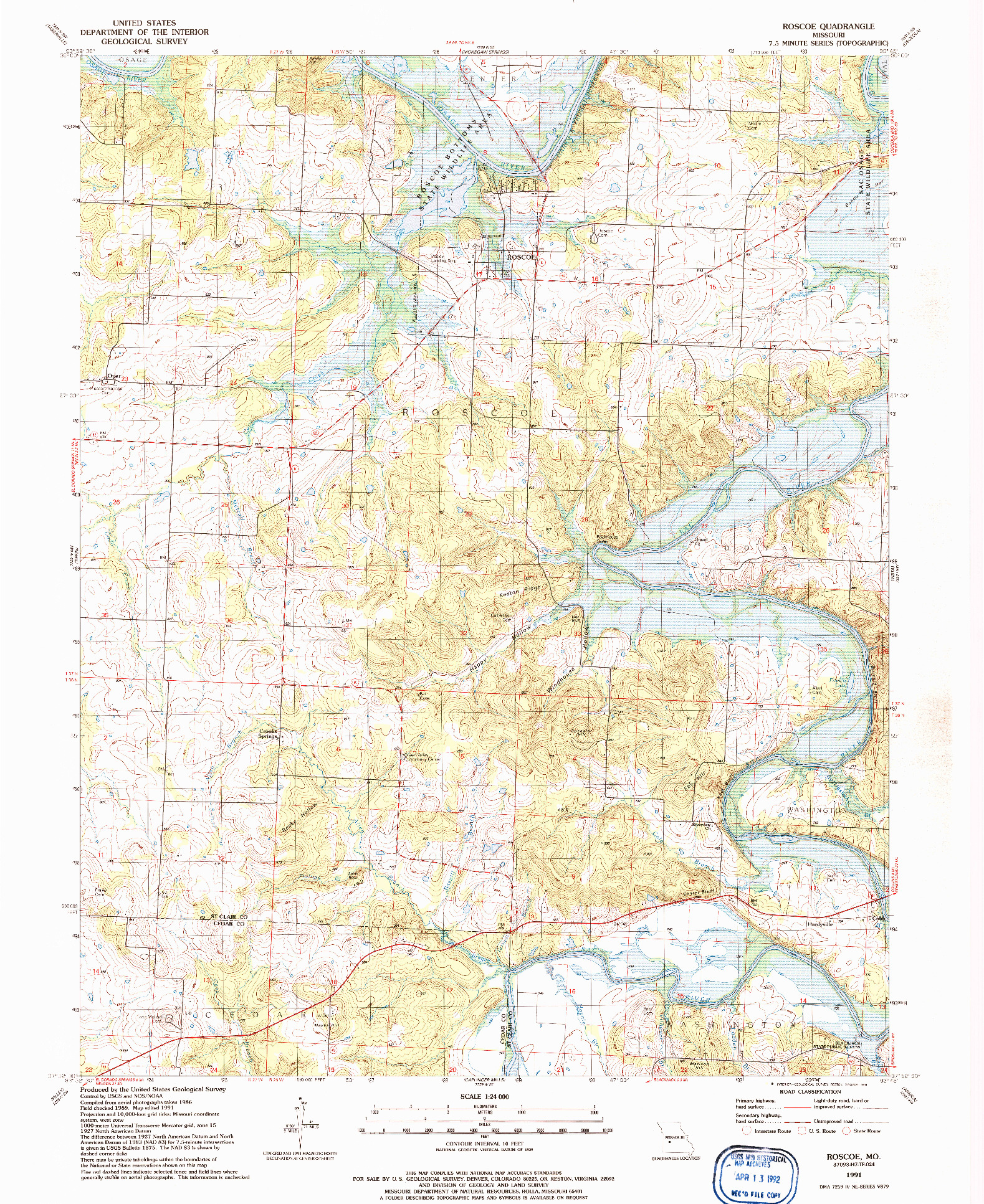 USGS 1:24000-SCALE QUADRANGLE FOR ROSCOE, MO 1991