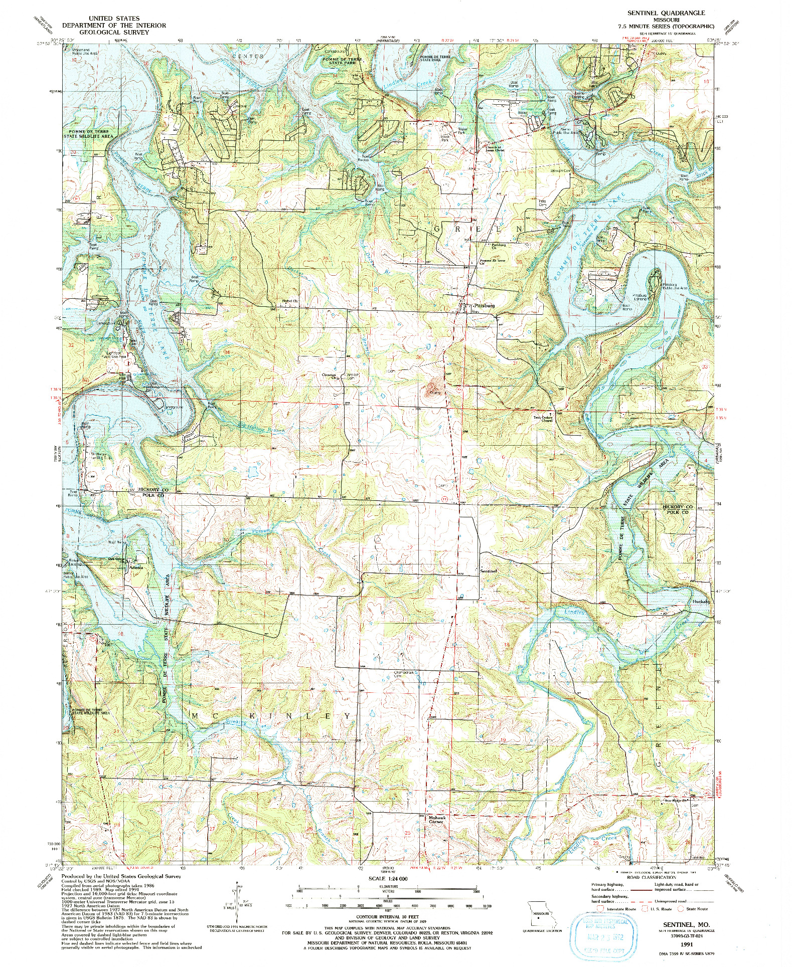 USGS 1:24000-SCALE QUADRANGLE FOR SENTINEL, MO 1991
