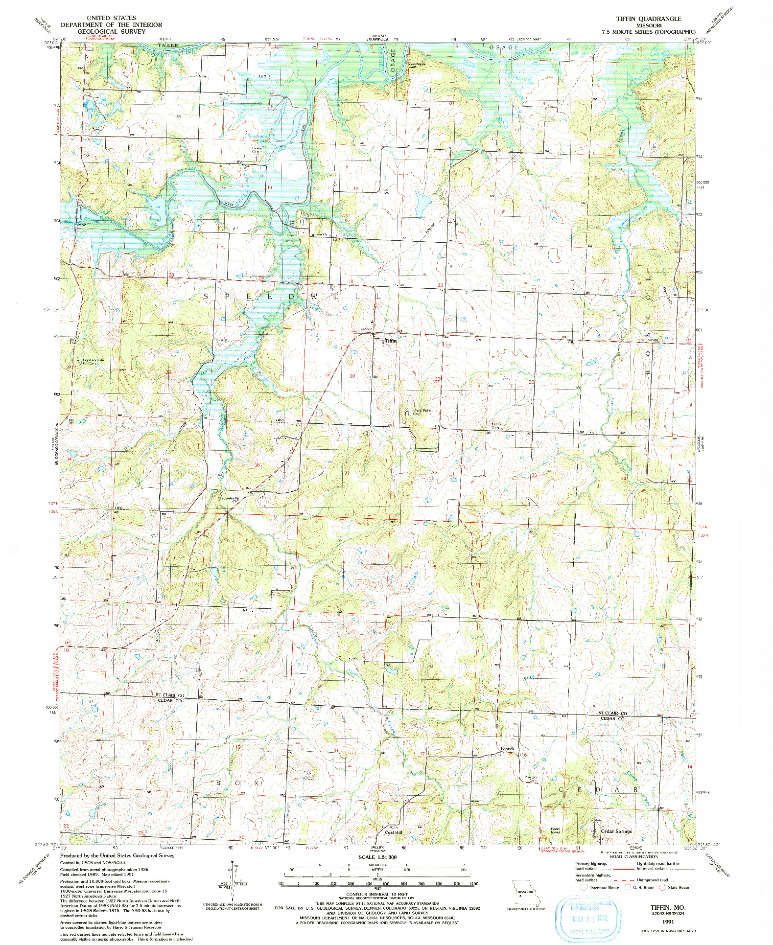 USGS 1:24000-SCALE QUADRANGLE FOR TIFFIN, MO 1991