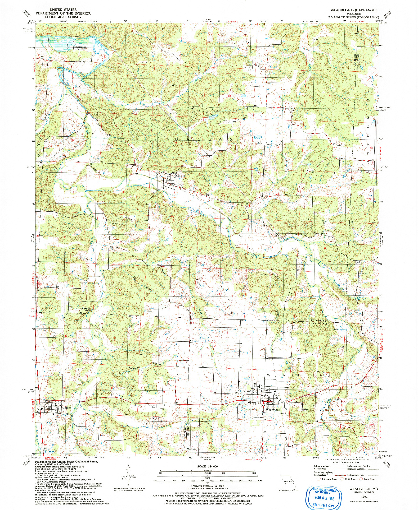 USGS 1:24000-SCALE QUADRANGLE FOR WEAUBLEAU, MO 1991