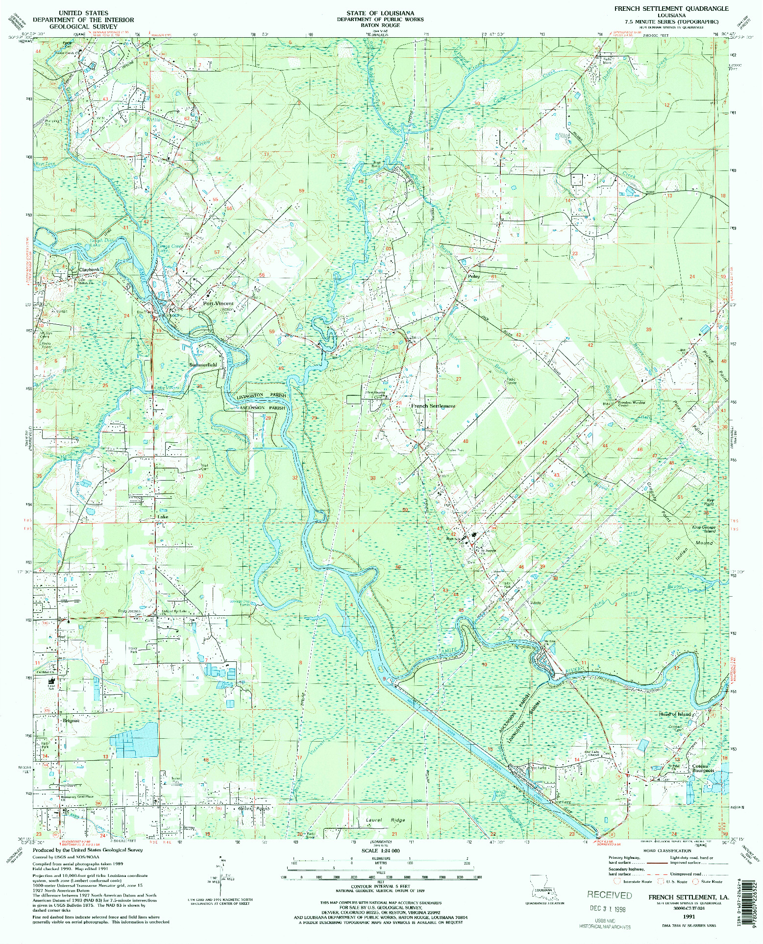 USGS 1:24000-SCALE QUADRANGLE FOR FRENCH SETTLEMENT, LA 1991